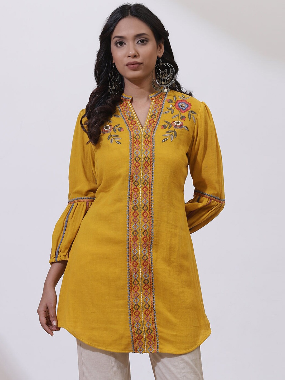 

Lakshita Plus Size Mandarin Collar Embroidered Pure Cotton Tunic, Mustard
