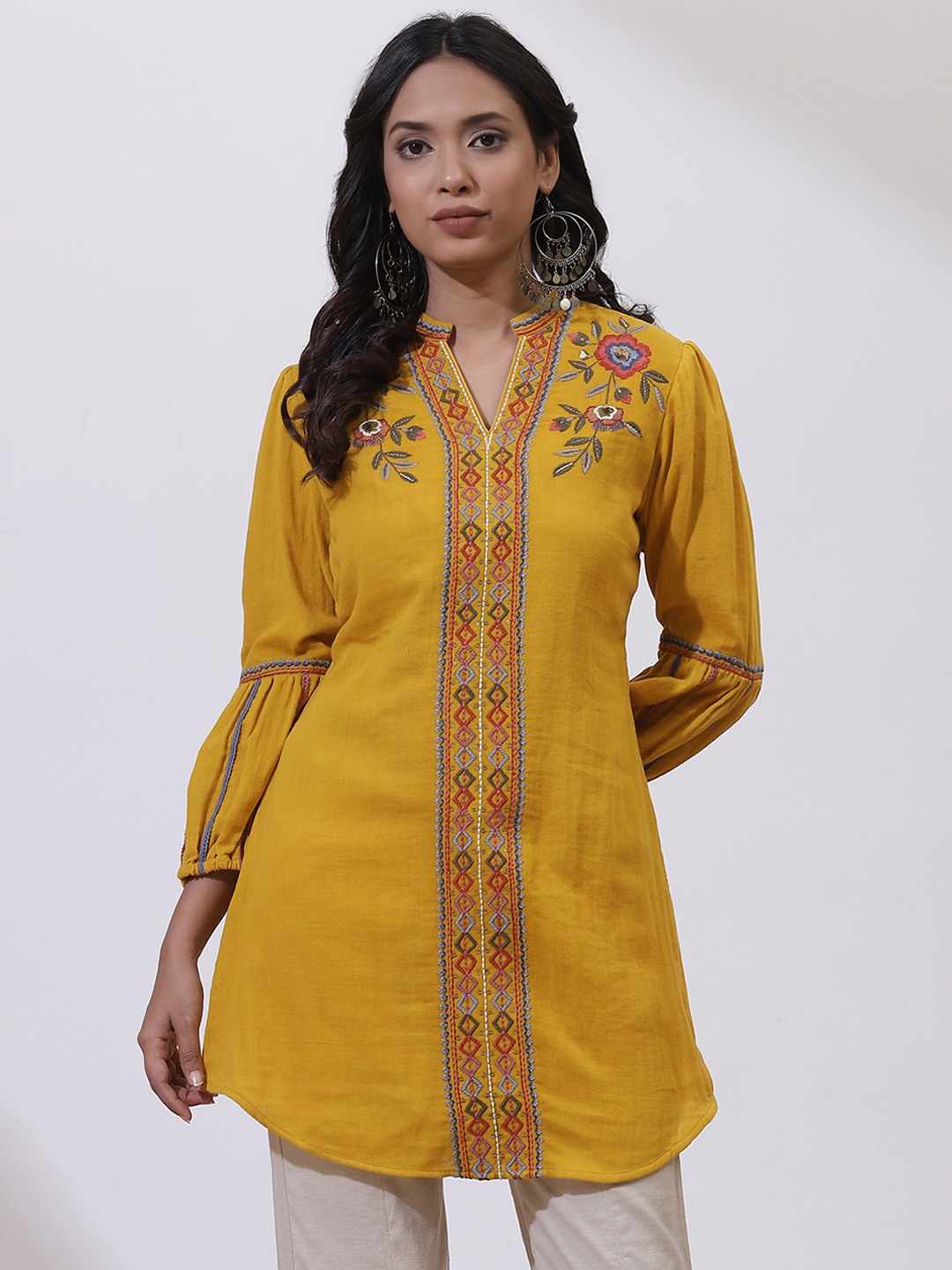 

Lakshita Embroidered Mandarin Collar Pure Cotton Tunic, Mustard