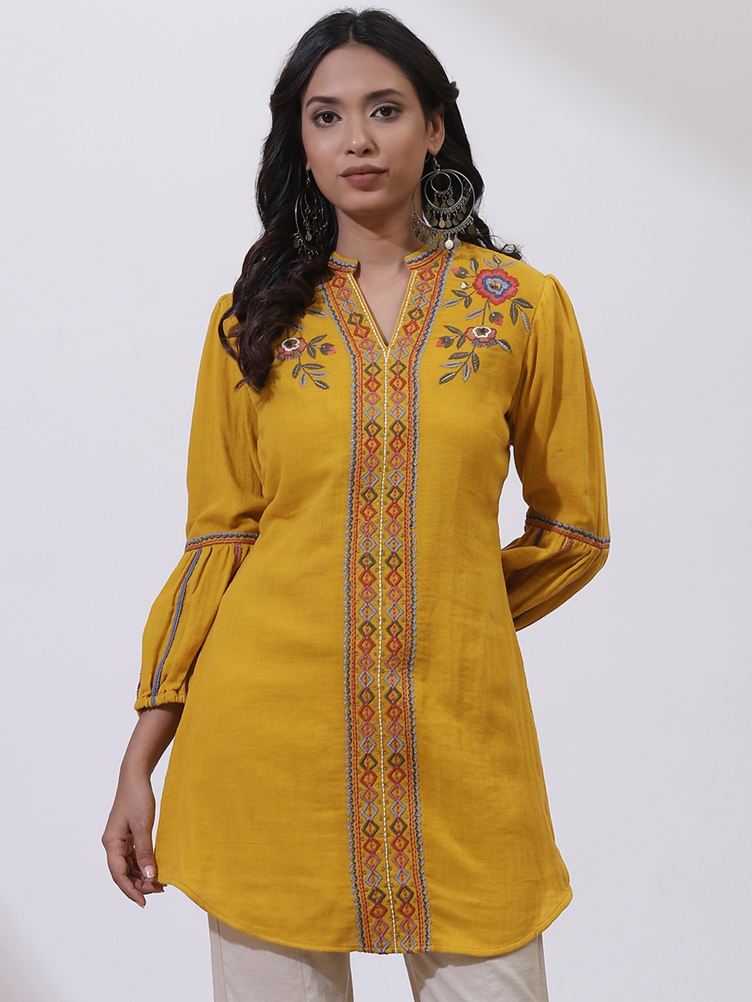 

Lakshita Embroidered Mandarin Collar Pure Cotton Tunic, Mustard
