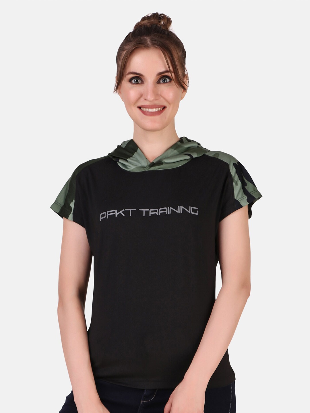 

PERFKT-U Typography Printed Hooded Sports T-shirt, Black