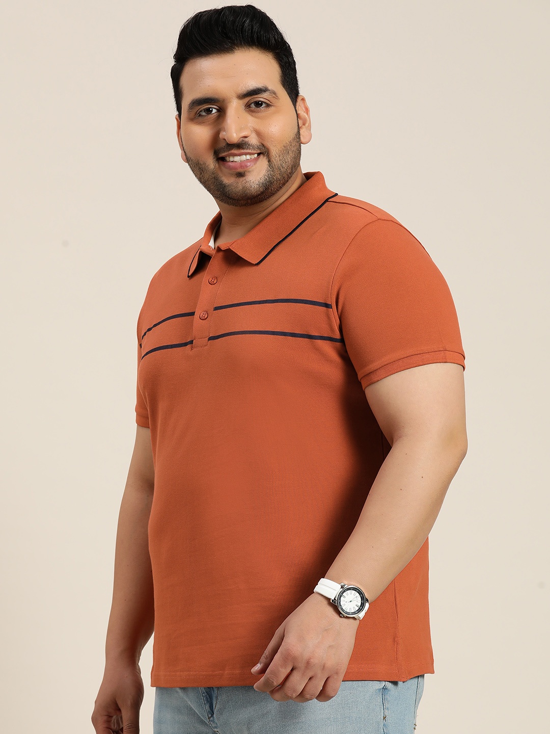 

Sztori Striped Polo Collar Cotton T-shirt, Rust