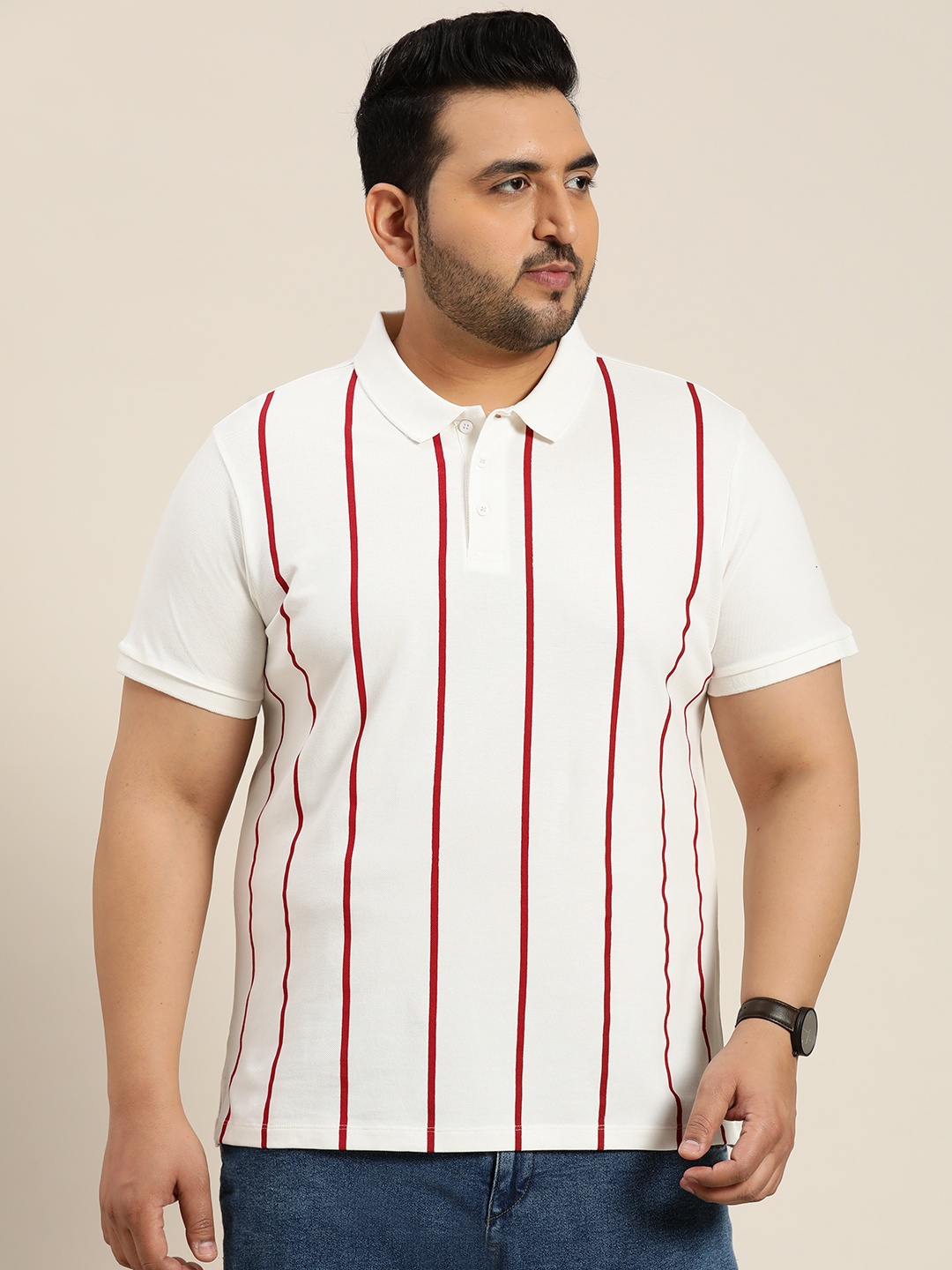 

Sztori Men Plus Size Striped Polo Collar T-shirt, White