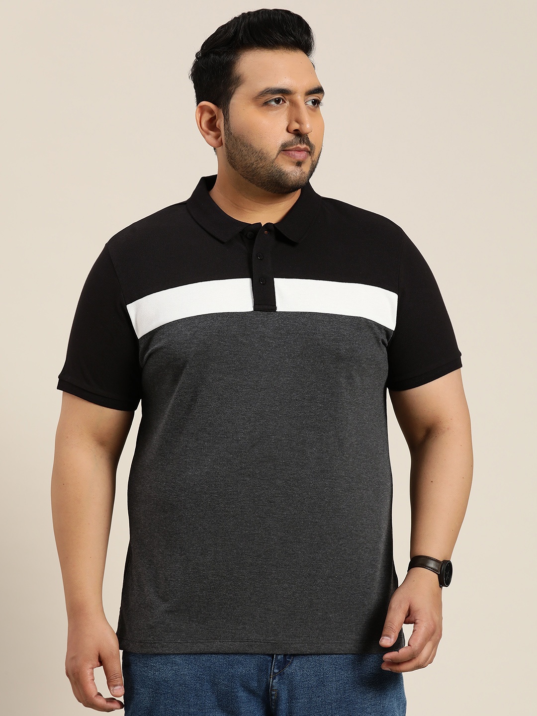 

Sztori Men Plus Size Colourblocked Polo Collar T-shirt, Black