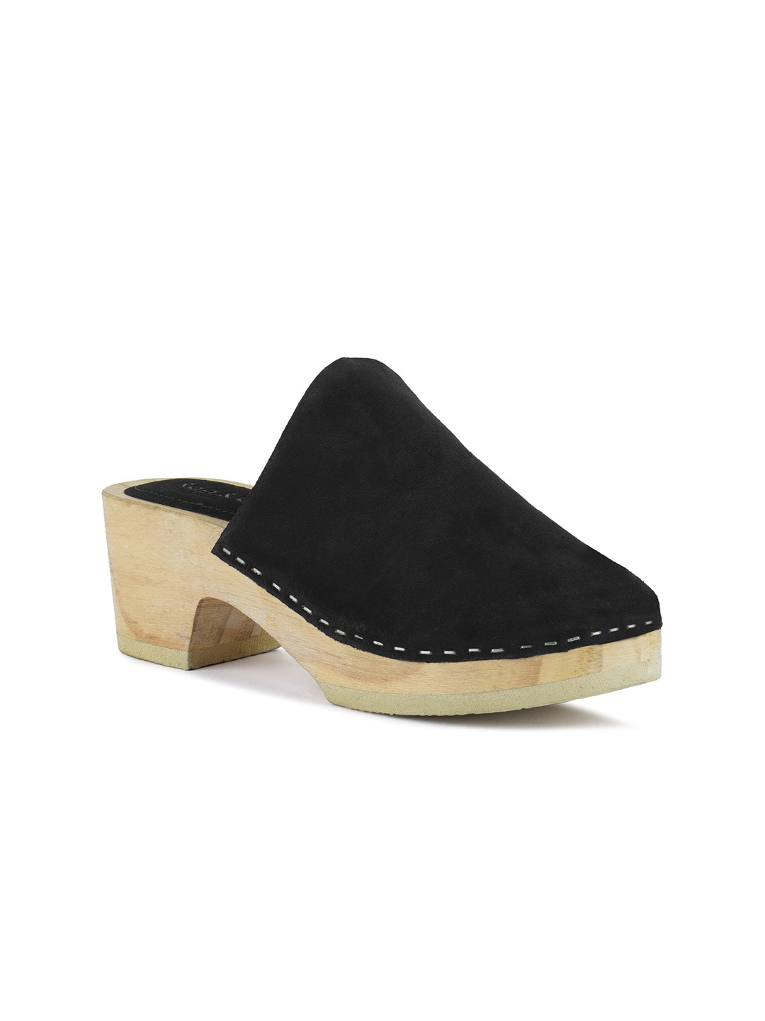 

RAG & CO Round Toe Suede Block Mules, Black