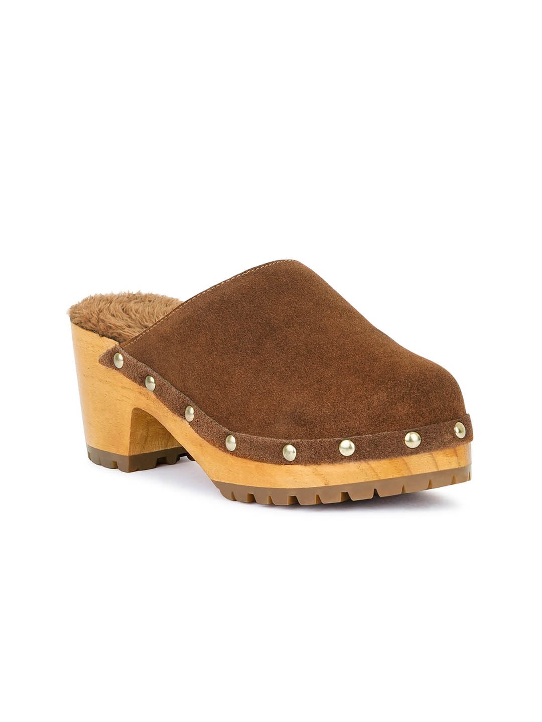 

RAG & CO Studded Suede Platform Heel Mules, Brown