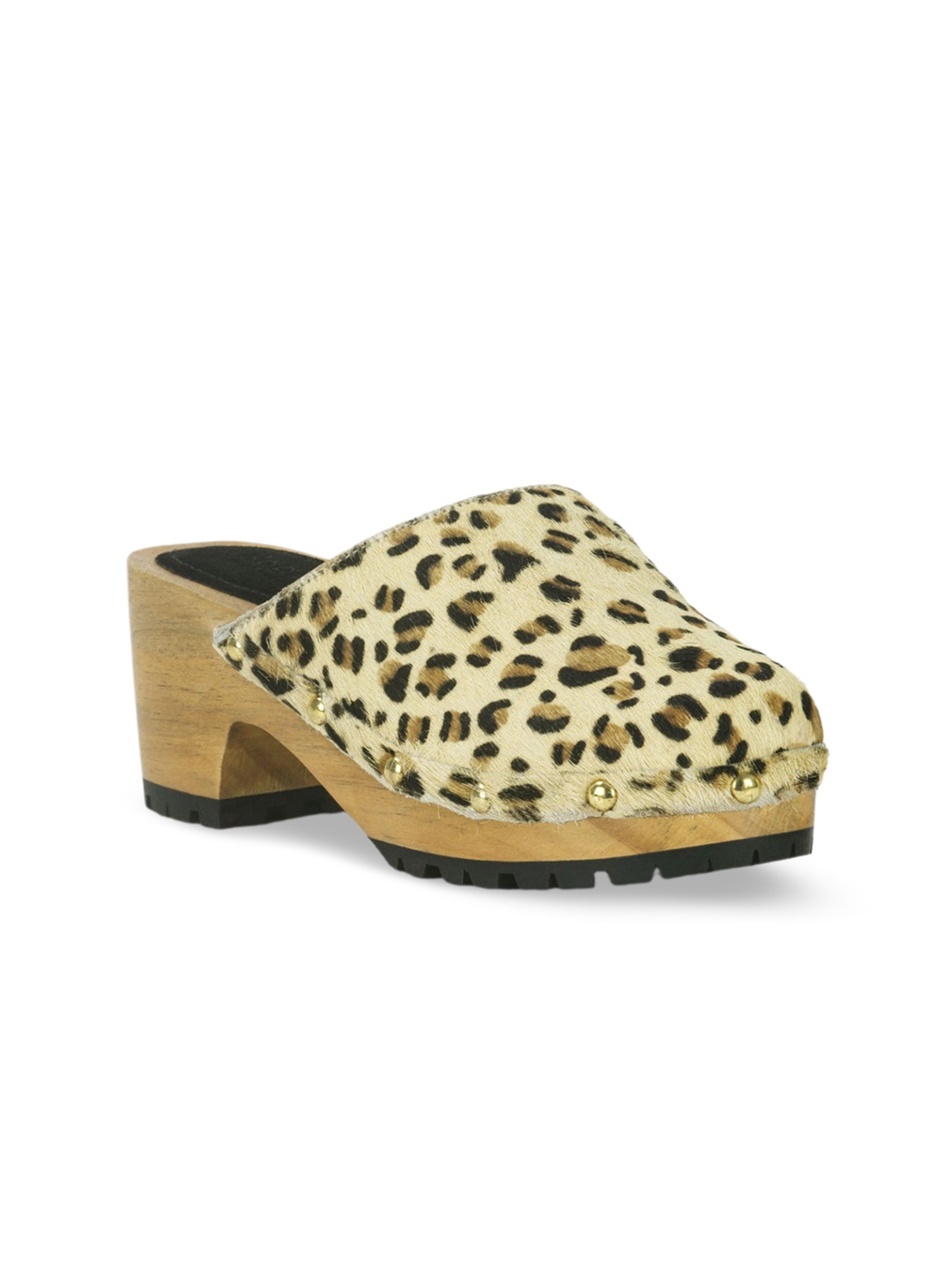 

RAG & CO Animal Printed Round Toe Leather Block Mules, Beige