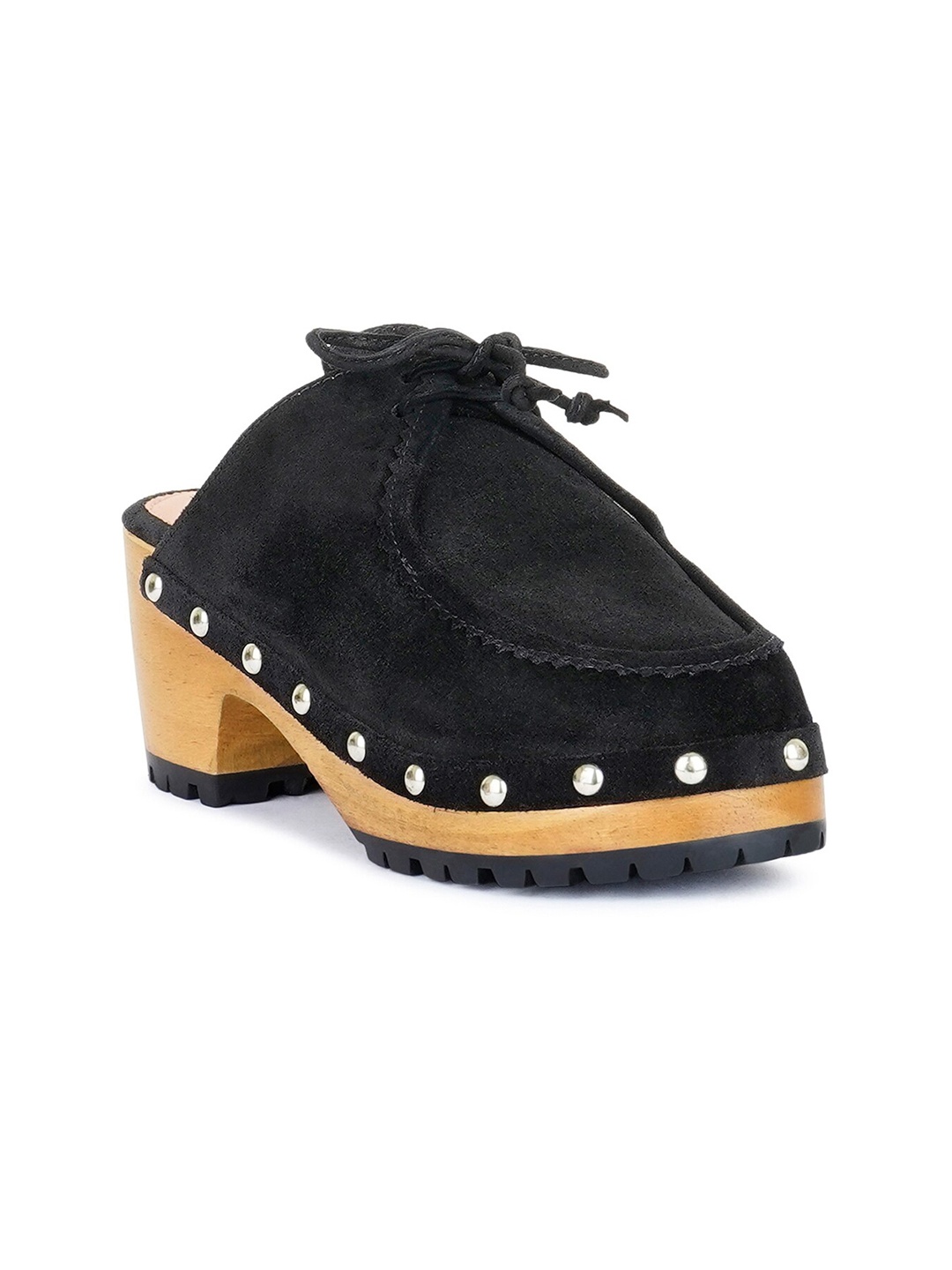 

RAG & CO Studded Suede Platform Heel Mules, Black