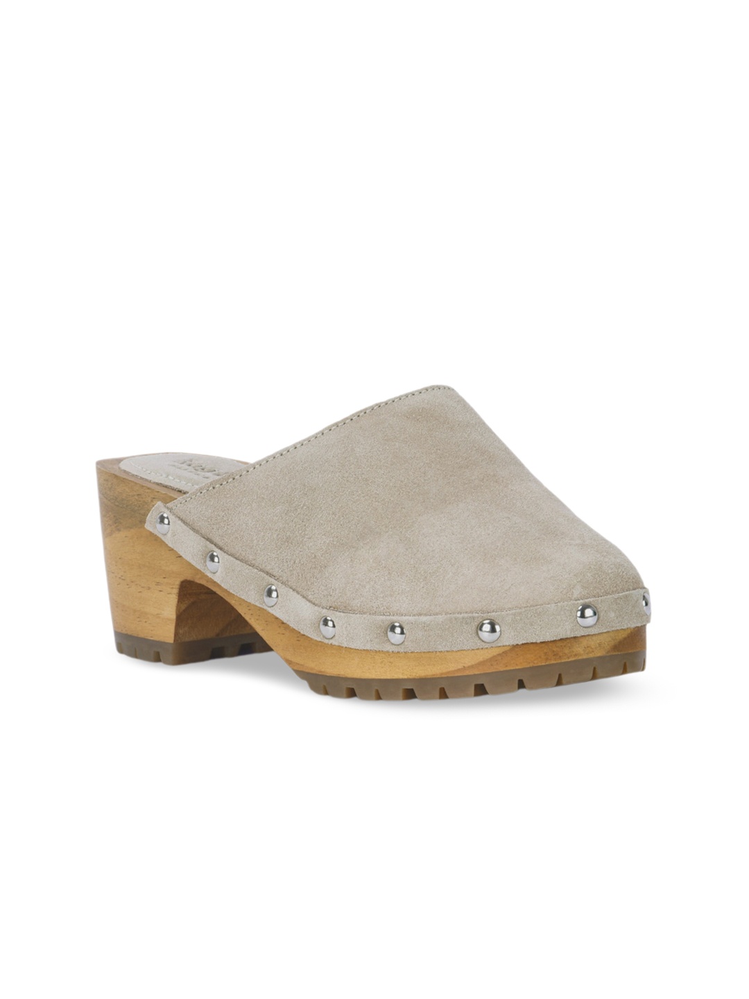 

RAG & CO Round Toe Leather Block Mules, Beige