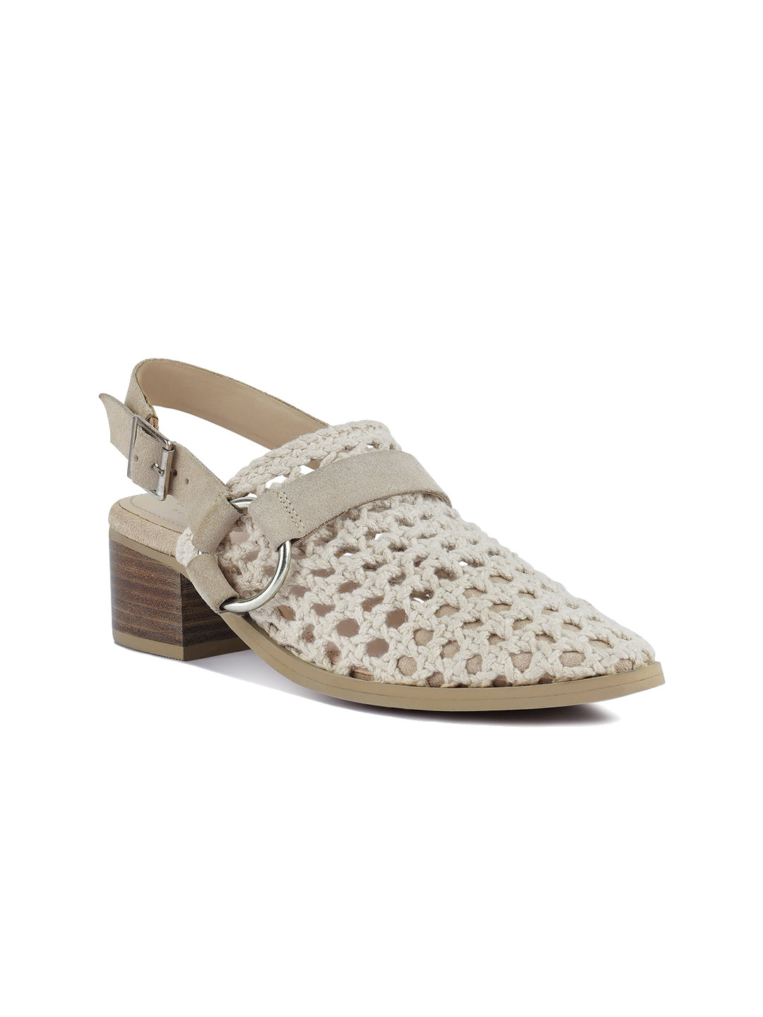 

RAG & CO Woven Design Block Mules With Buckle, Beige