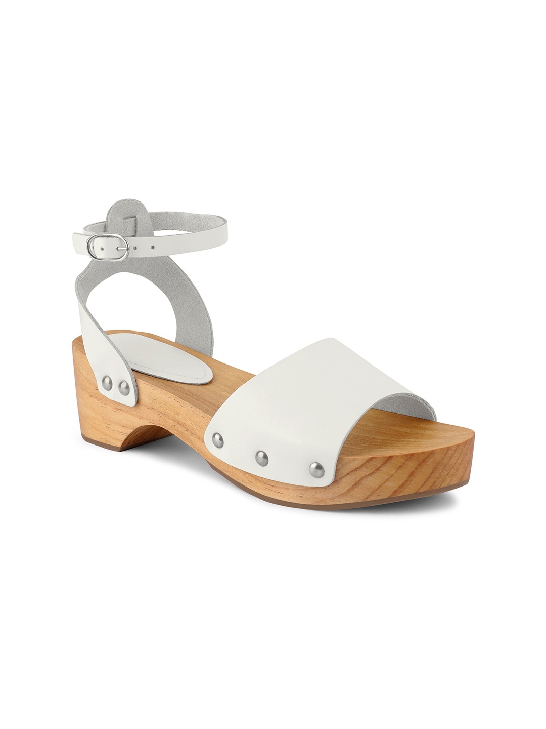 

RAG & CO Open Toe Leather Ankle Loop Block Heels With Buckle, White
