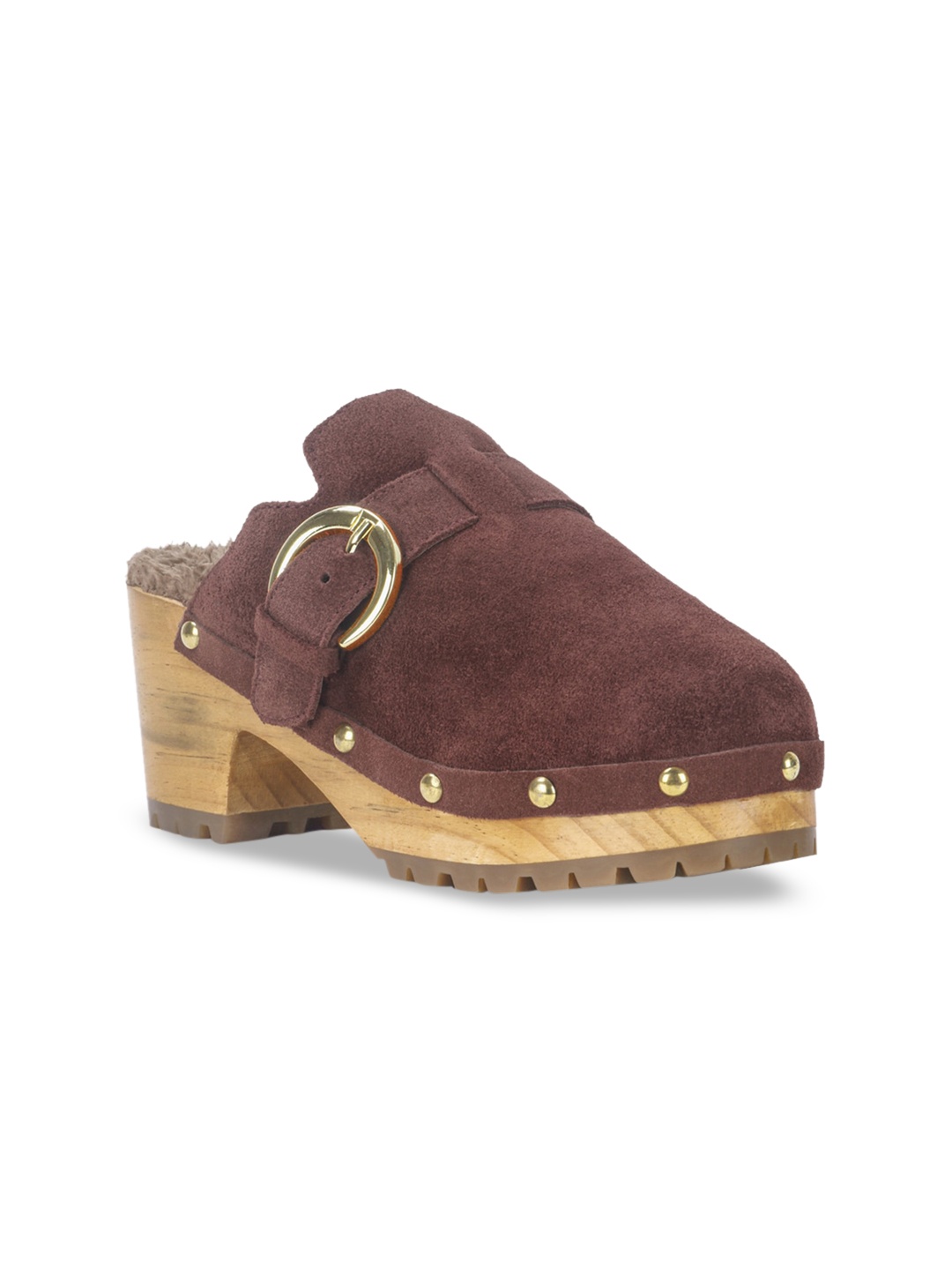 

RAG & CO Round Toe Leather Block Mules with Buckles, Brown
