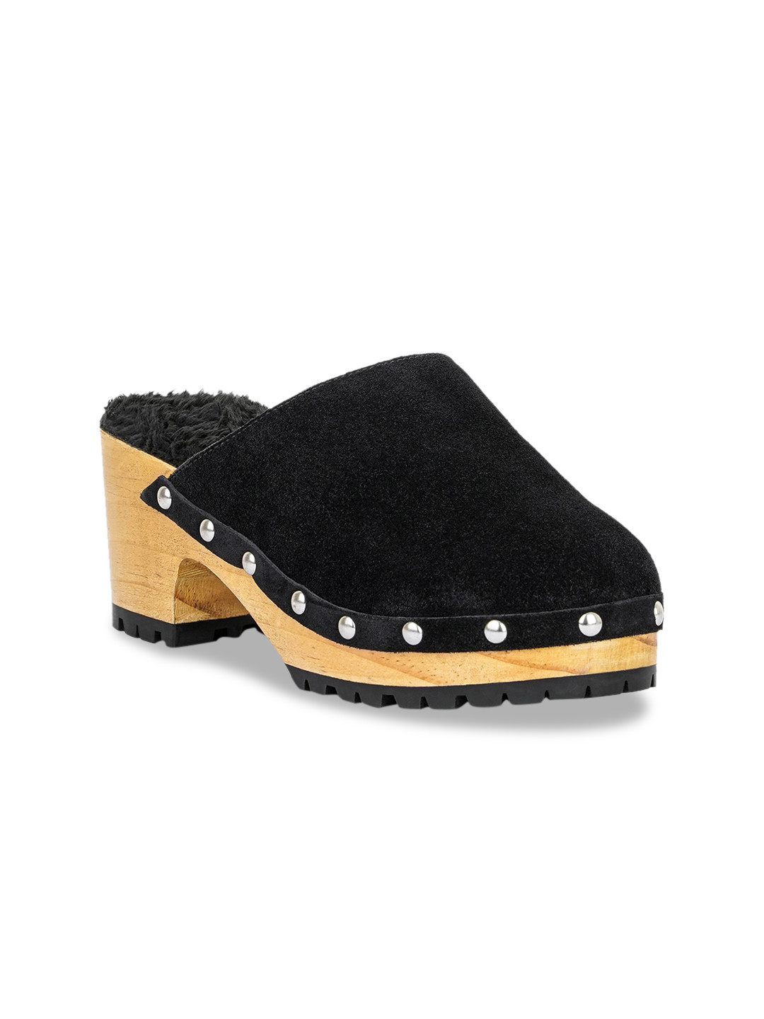 

RAG & CO Round Toe Suede Block Mules, Black