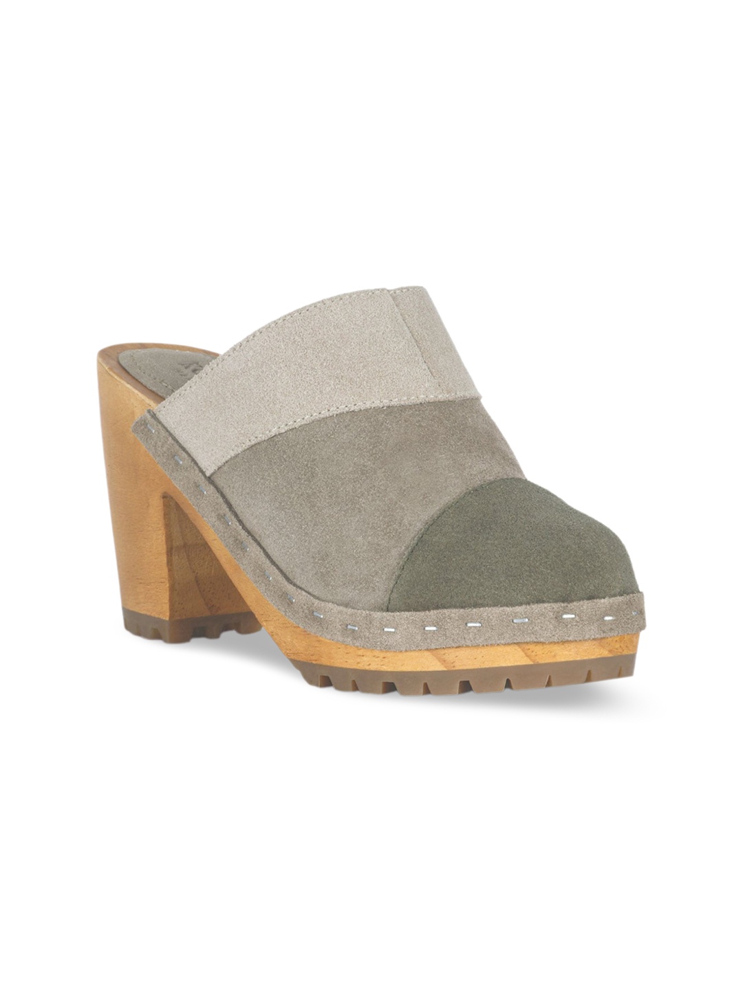 

RAG & CO Round Toe Leather Block Mules, Olive