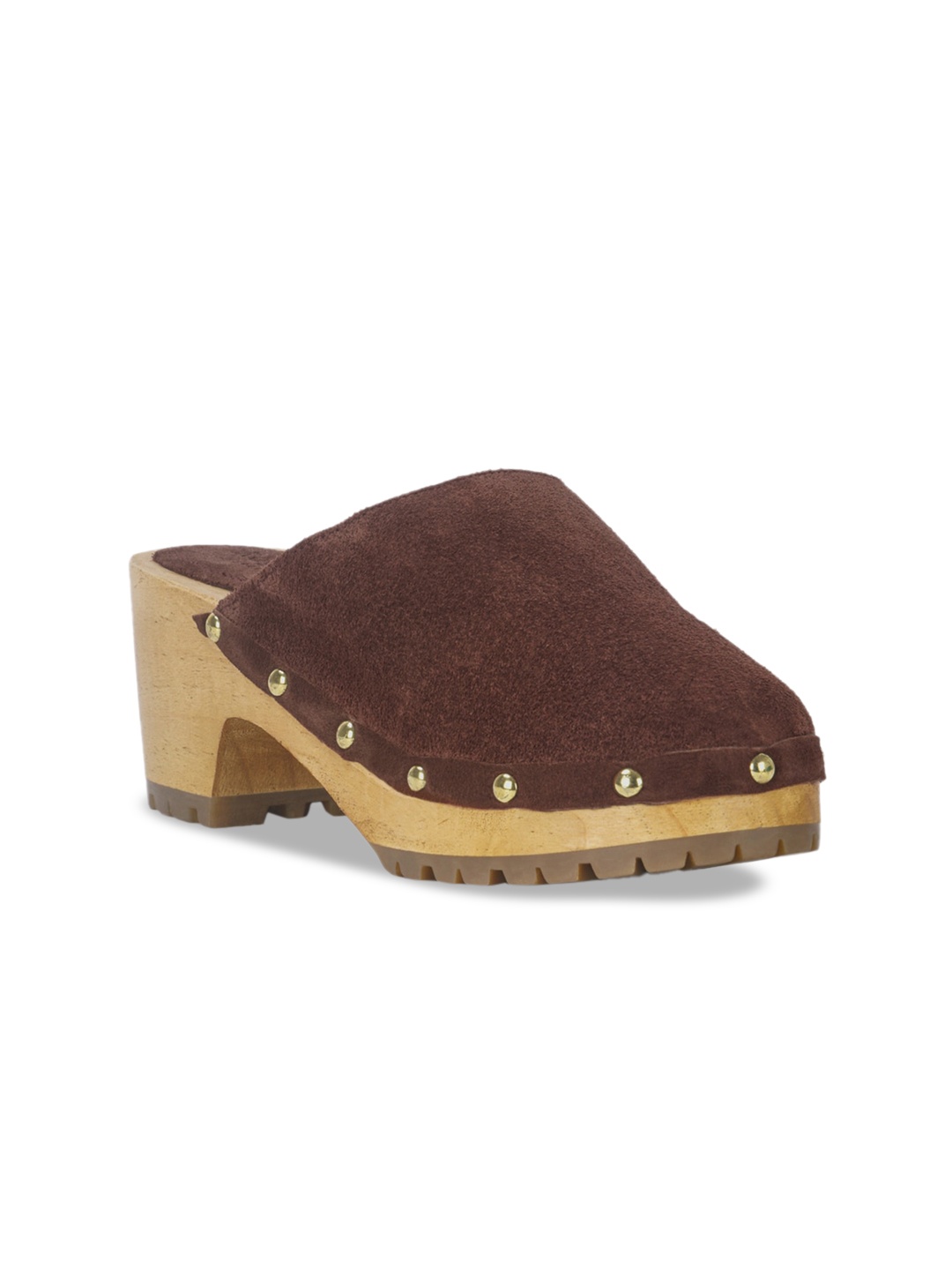 

RAG & CO Round Toe Leather Block Mules, Brown