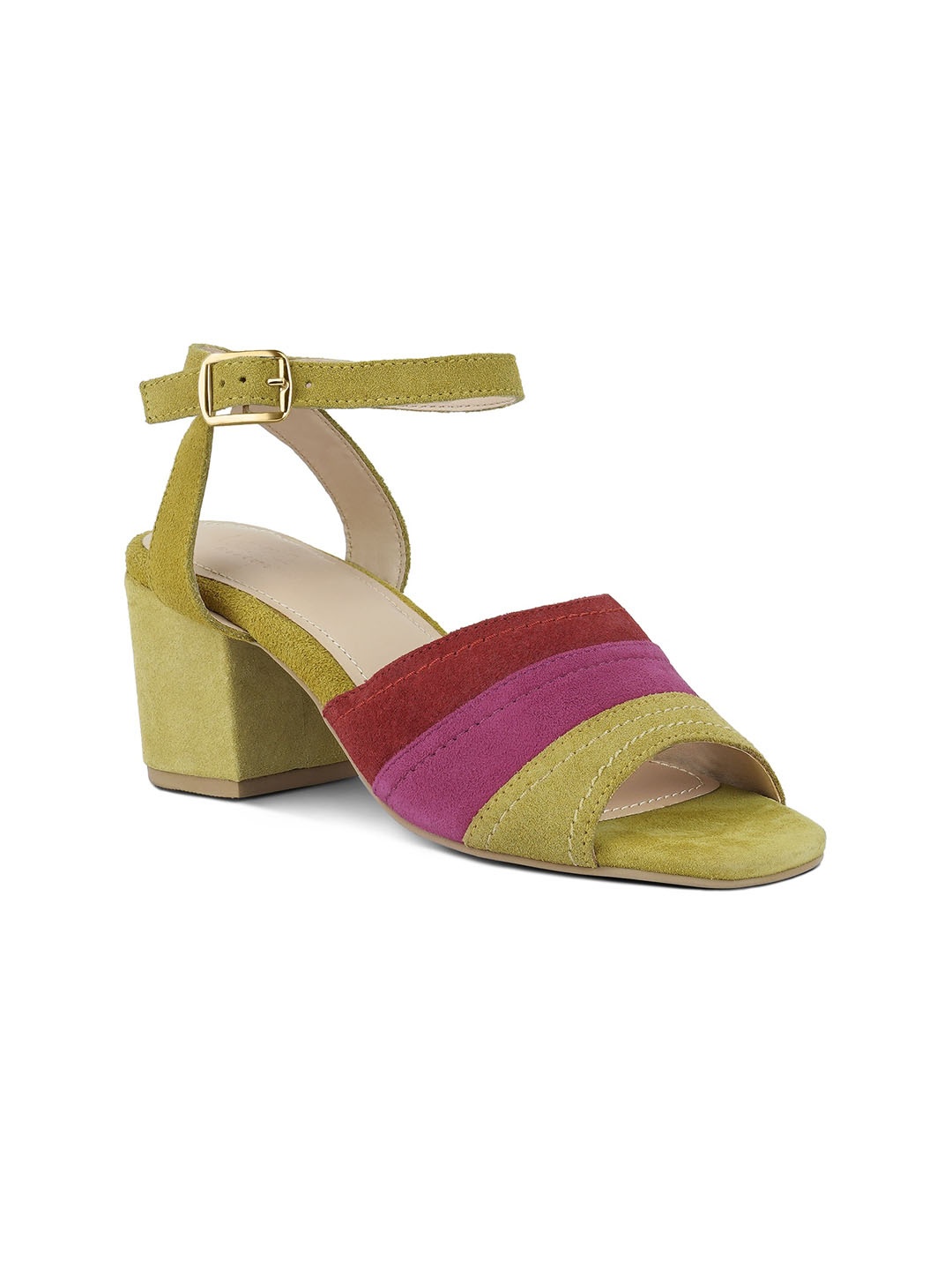

RAG & CO Colourblocked Suede Open Toe Ankle Loop Block Heels with Buckles, Green
