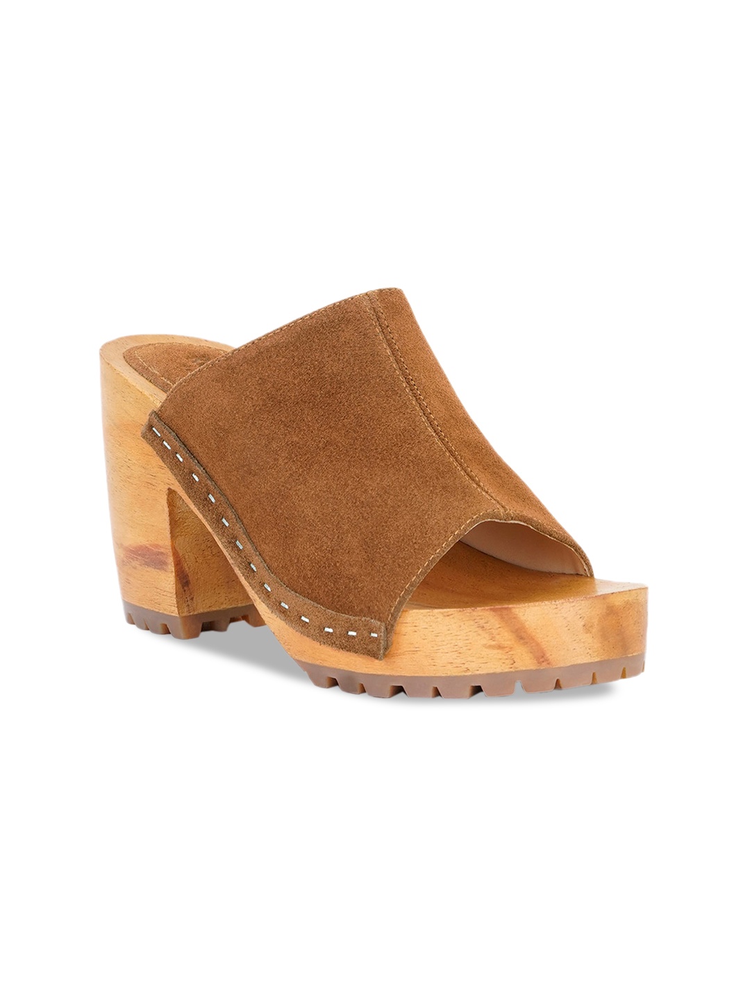 

RAG & CO Open Toe Leather Block Heels, Tan