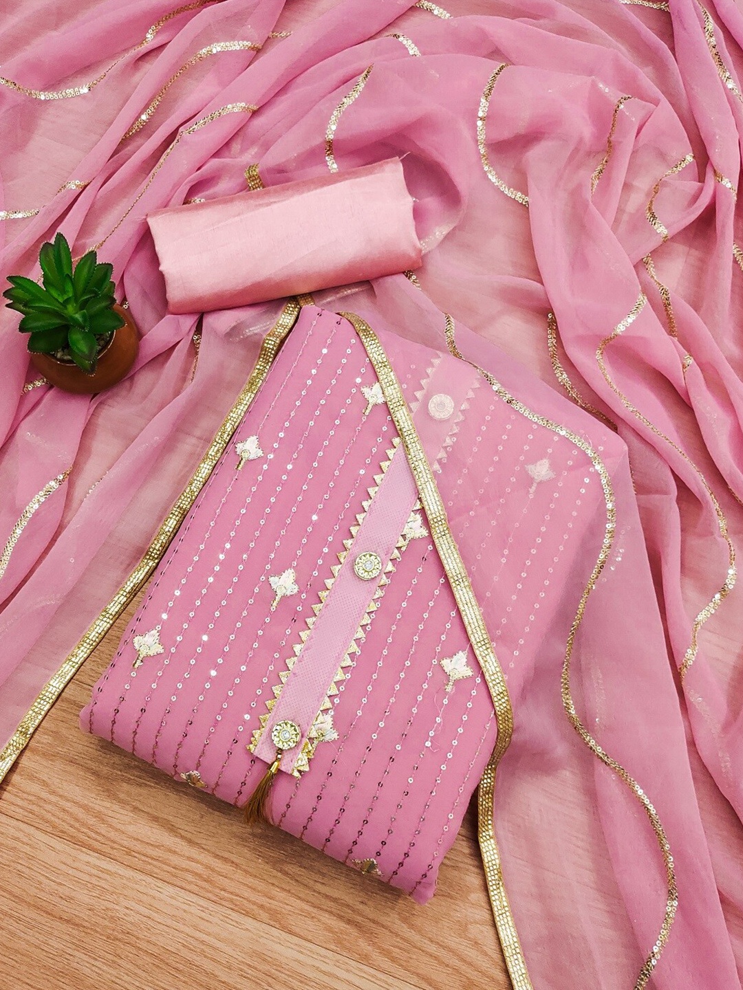 

KALINI Floral Embroidered Unstitched Dress Material, Pink