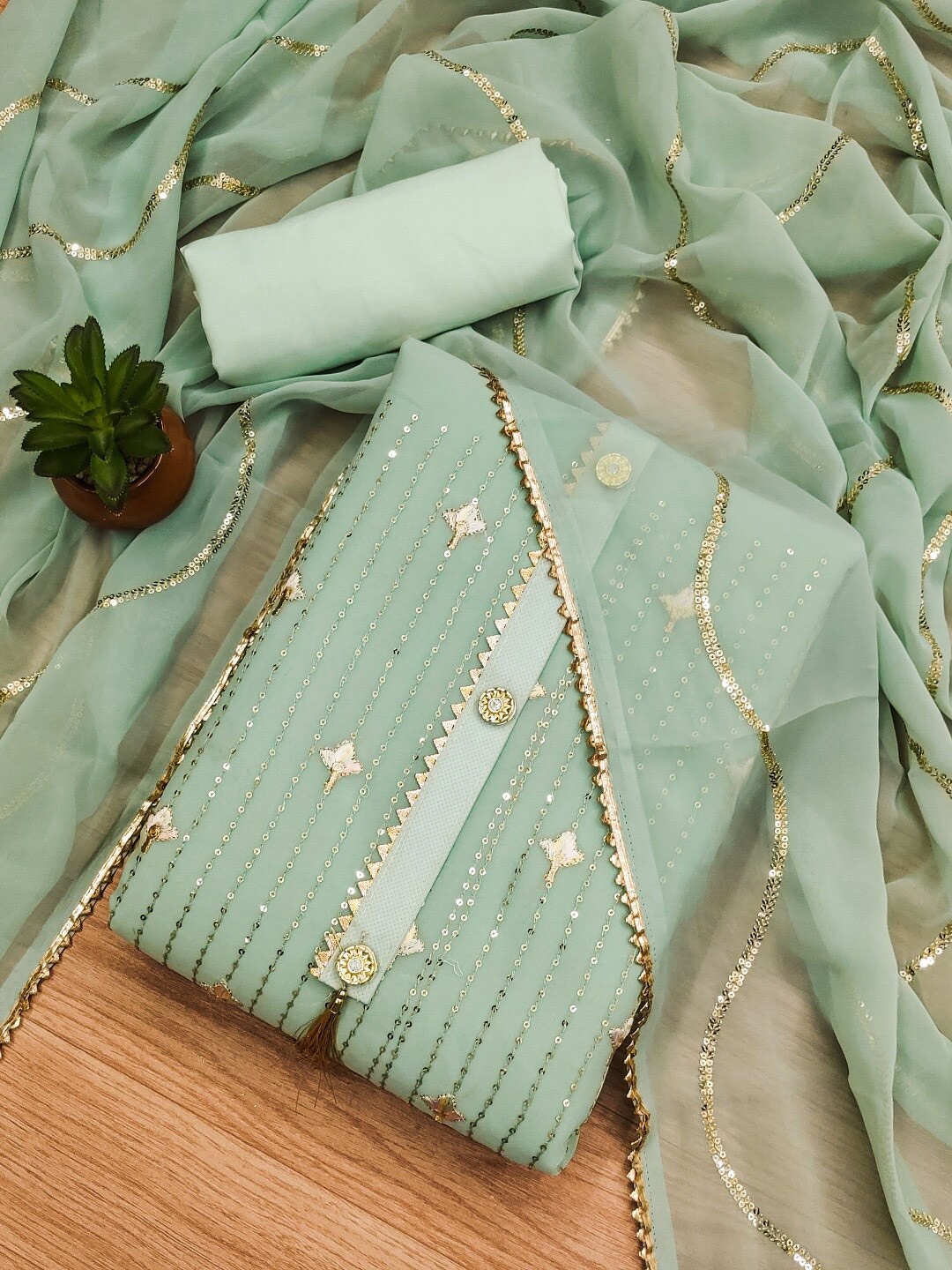 

KALINI Embroidered Sequinned Unstitched Dress Material, Sea green
