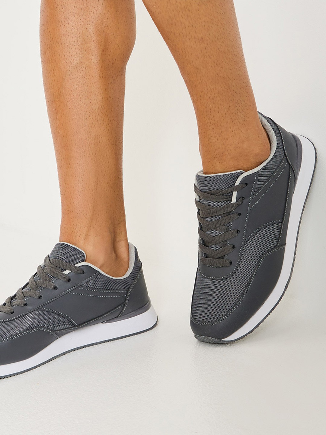 

Styli Men Split Mesh Faux Leather Lace-Up Sneakers, Grey