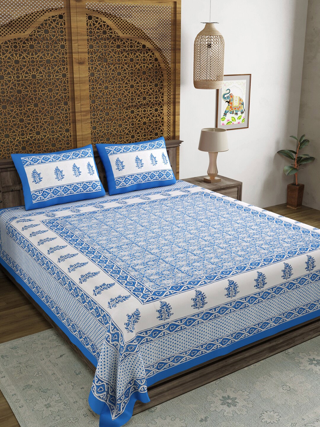 

BLOCKS OF INDIA White & Blue Ethnic Motifs Printed 210 TC King Bedsheet & 2 Pillow Covers
