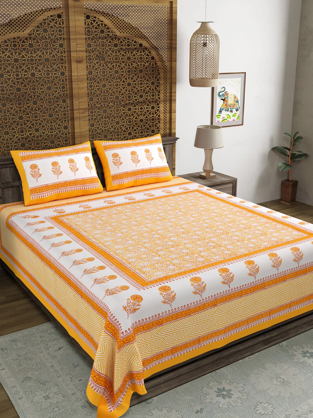 

BLOCKS OF INDIA White & Yellow Printed 210 TC King Bedsheet & 2 Pillow Covers
