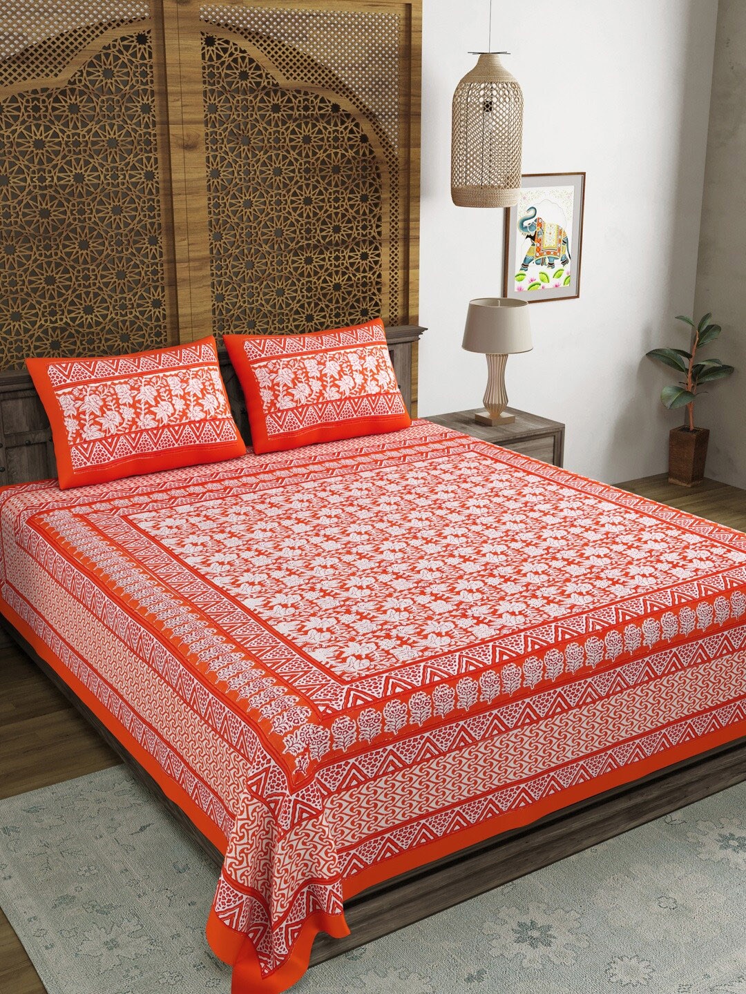 BLOCKS OF INDIA Red & White Ethnic Motifs Printed 210 TC King Bedsheet & 2 Pillow Covers