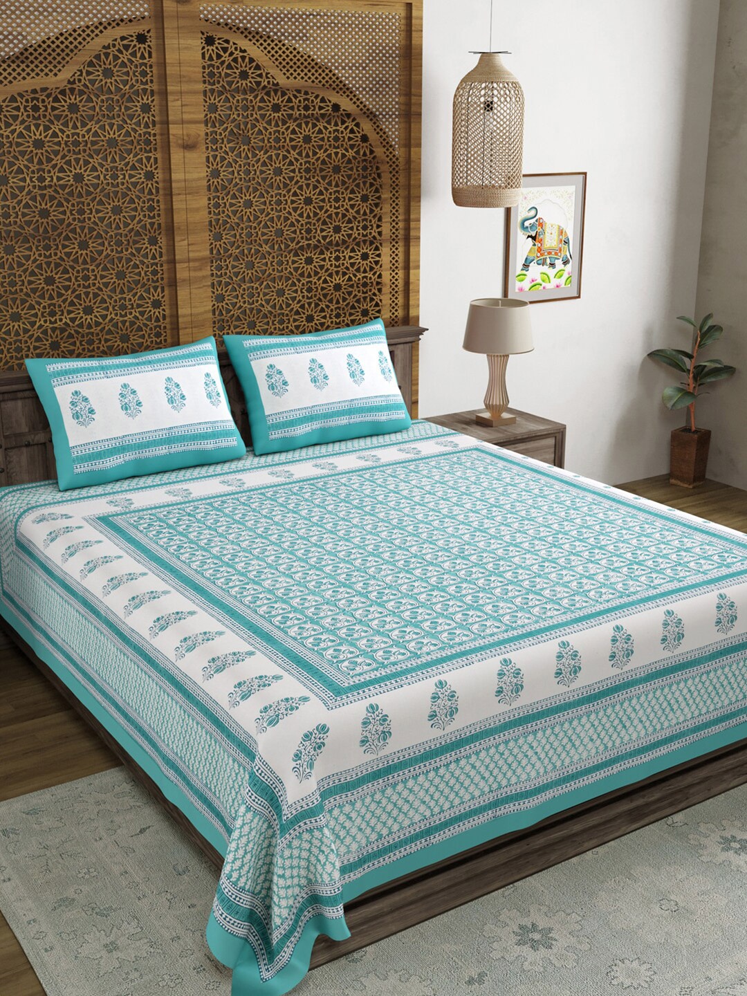

BLOCKS OF INDIA Green Ethnic Motifs Printed 210 TC King Bedsheet & 2 Pillow Covers