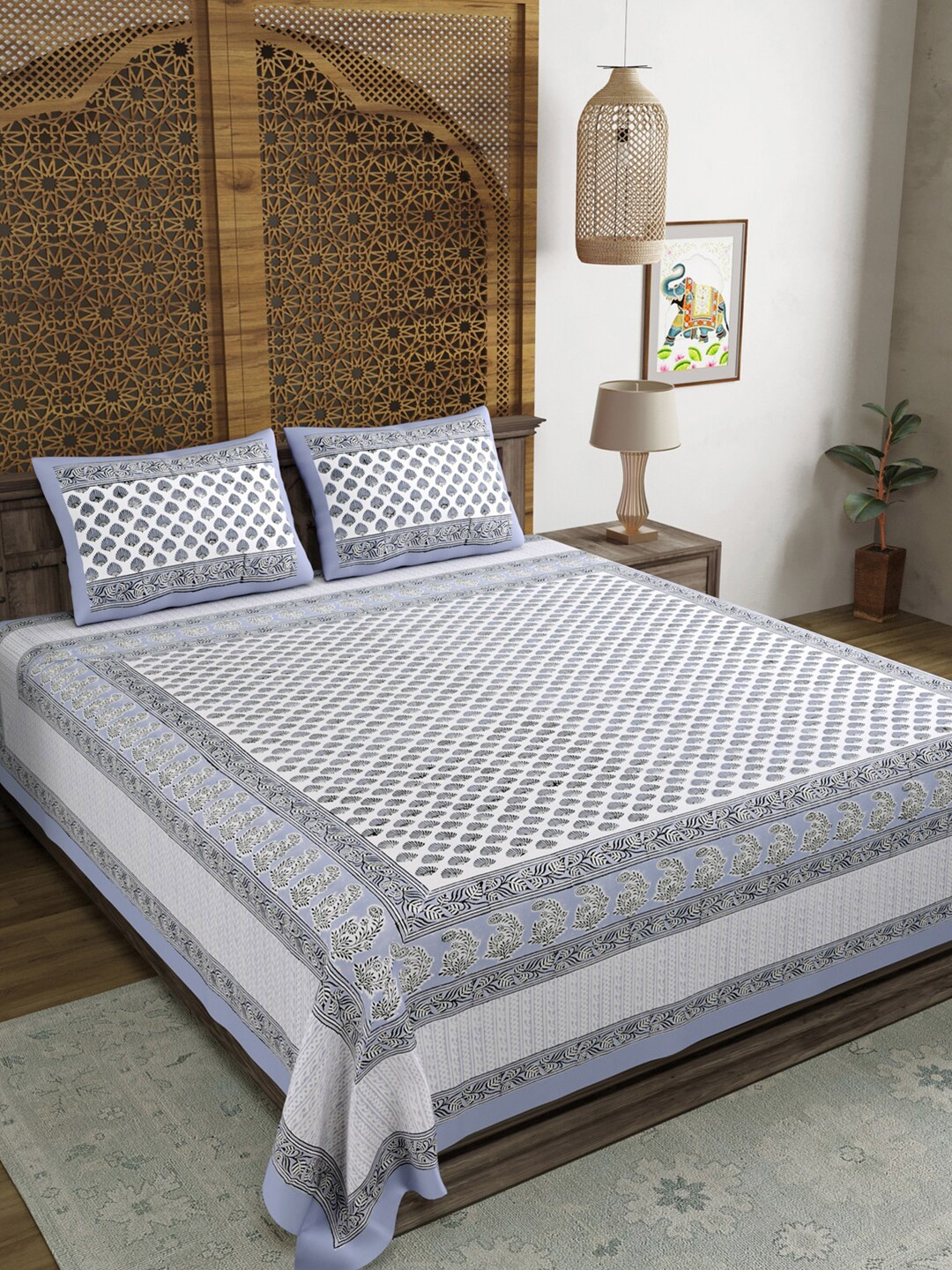 

BLOCKS OF INDIA White & Grey Printed 210 TC Pure Cotton King Bedsheet & 2 Pillow Covers