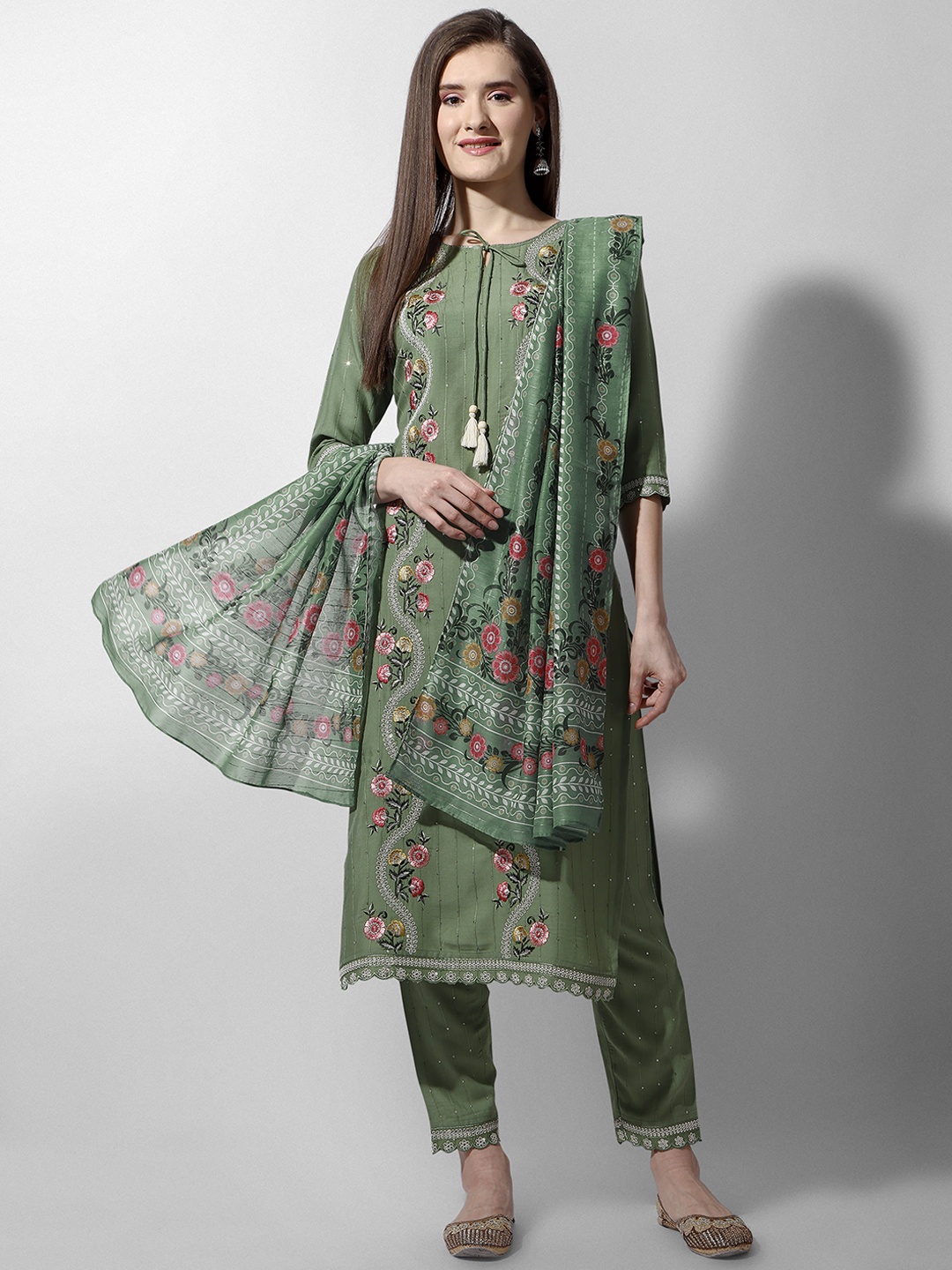 

Berrylicious Floral Embroidered Tie Up Neck Sequinned Kurta With Trousers & Dupatta, Olive