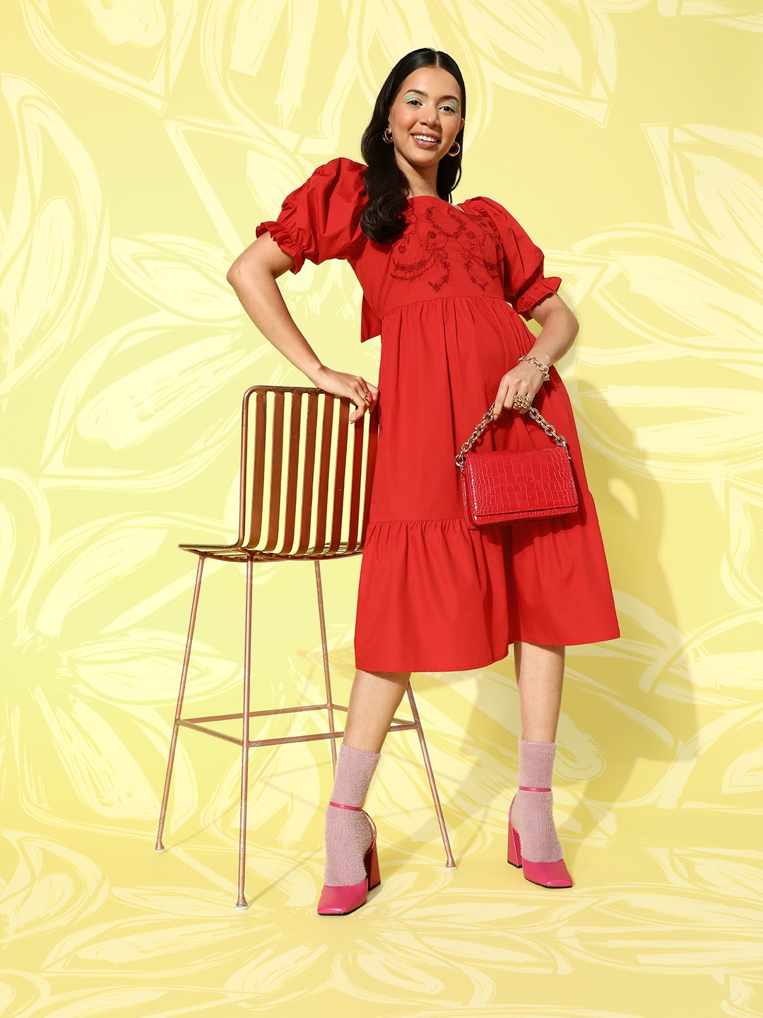 

Antheaa Floral Embroidered Puff Sleeve Cotton A-Line Midi Dress, Red