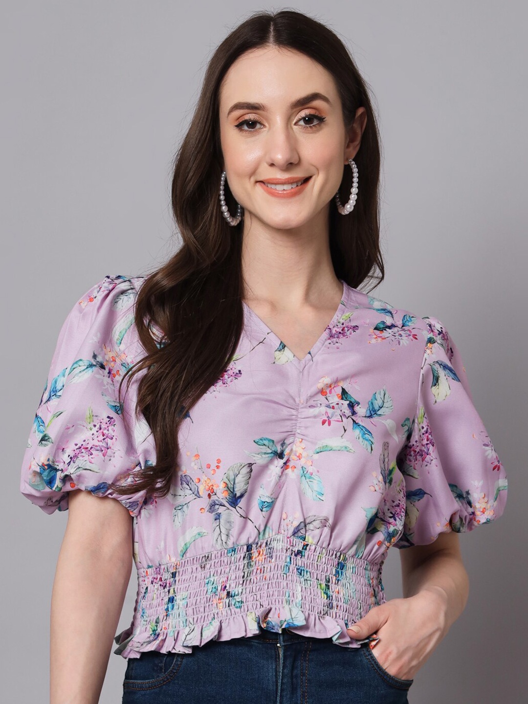 

The Dry State Floral Print V-Beck Flared Sleeve Top, Lavender