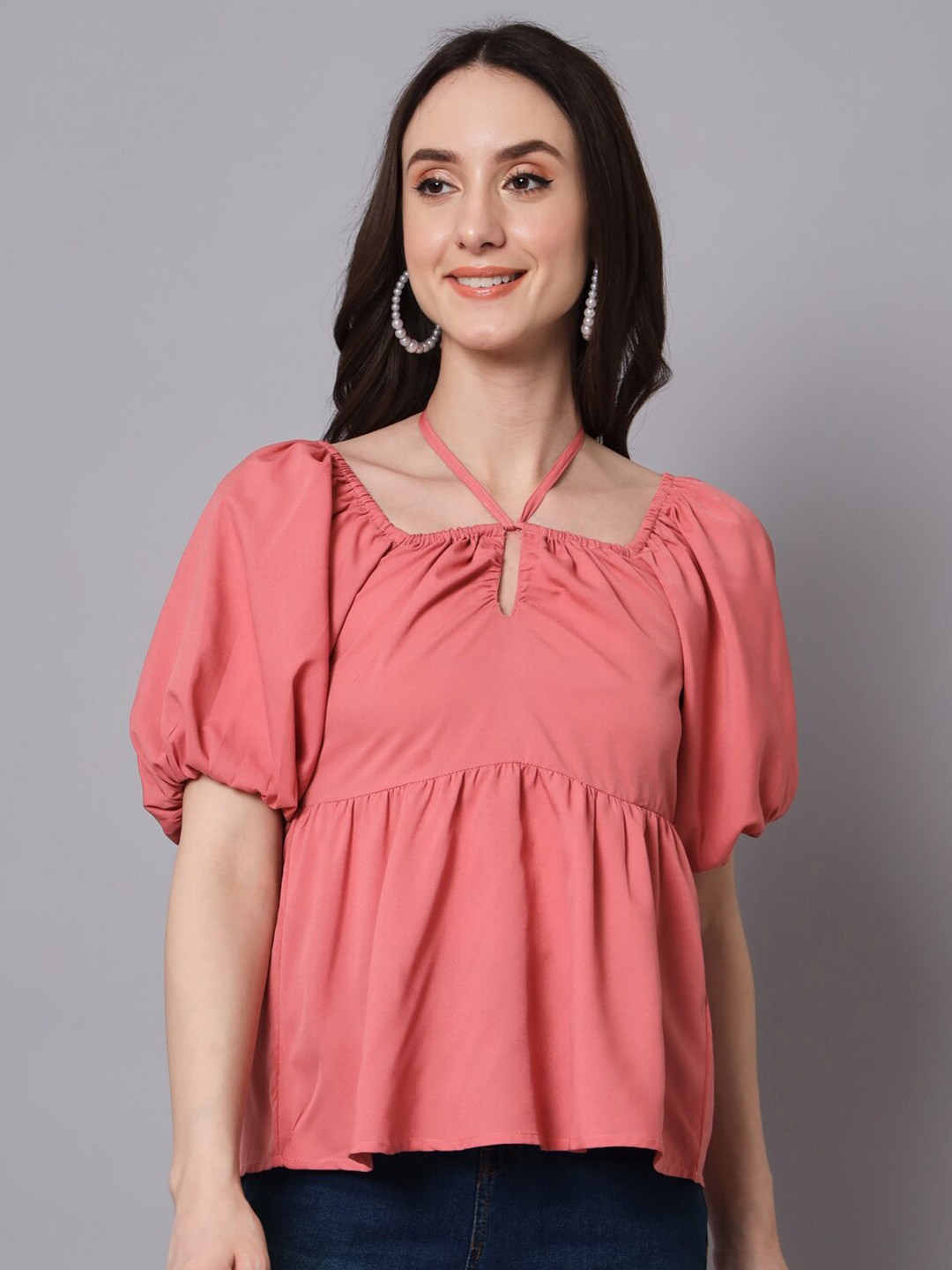 

The Dry State Tie-Up Neck Puff Sleeve Crepe Peplum Top, Pink