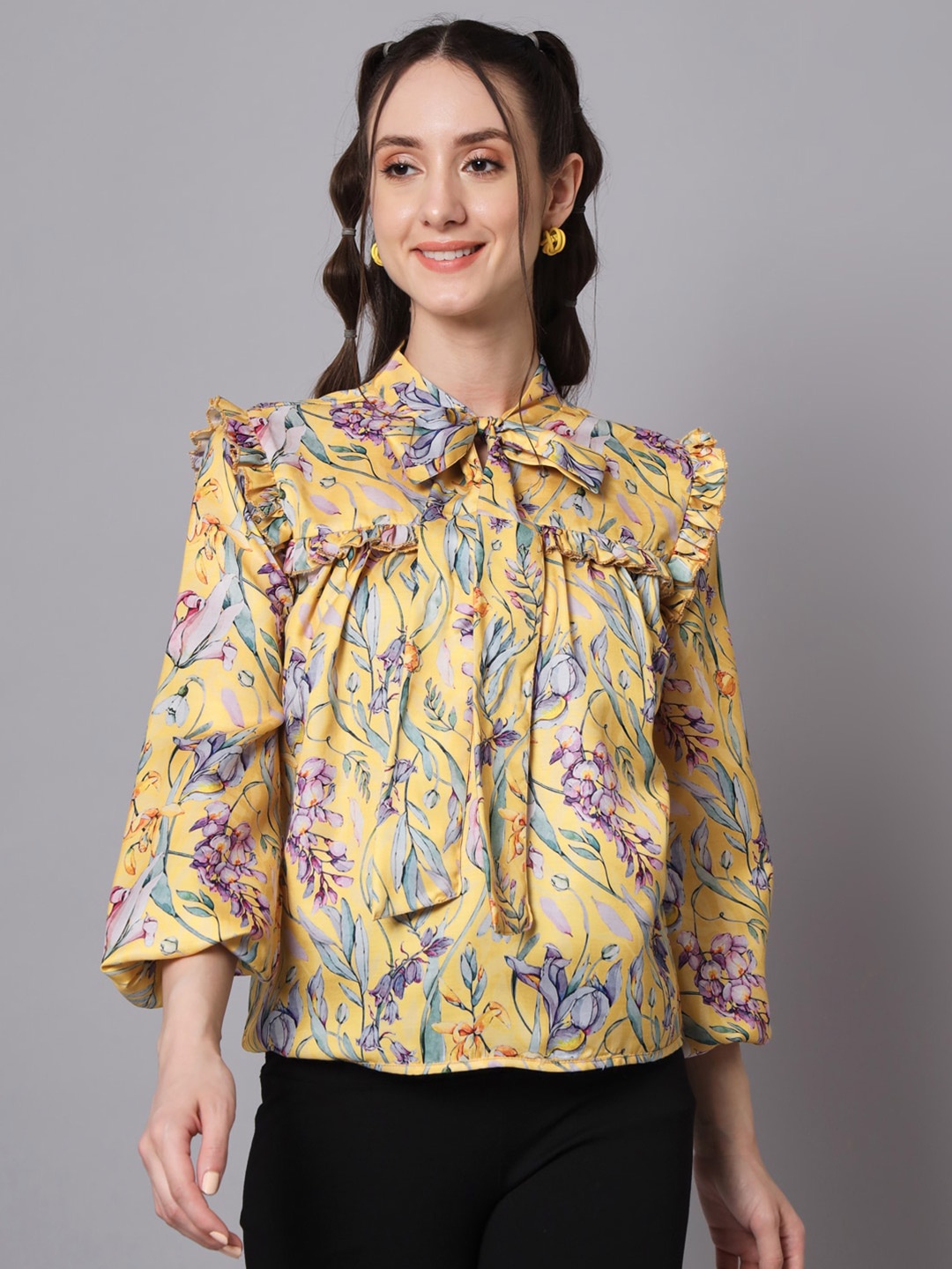

The Dry State Floral Printed Tie-Up Neck Flared Sleeve Ruffles Top, Yellow