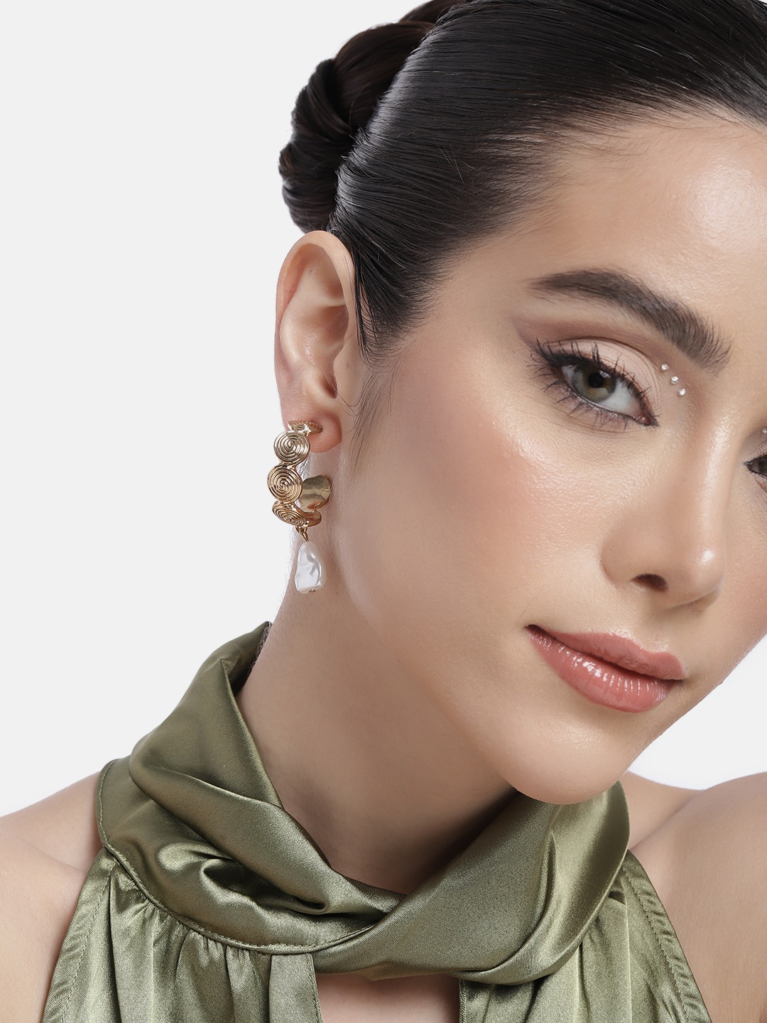 

DressBerry Textured Crescent Shaped Artificial Beaded Half Hoop Earrings, Gold