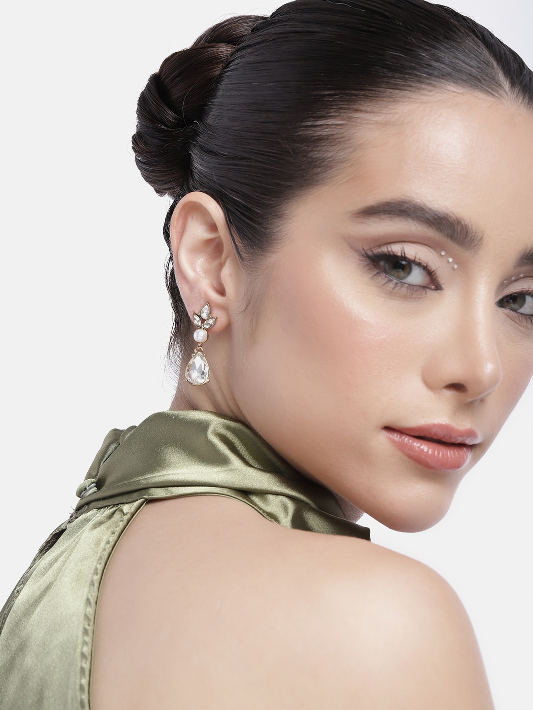 

DressBerry Floral & Teardrop Shaped Artificial Stones & Beads Studded Drop Earrings, Gold