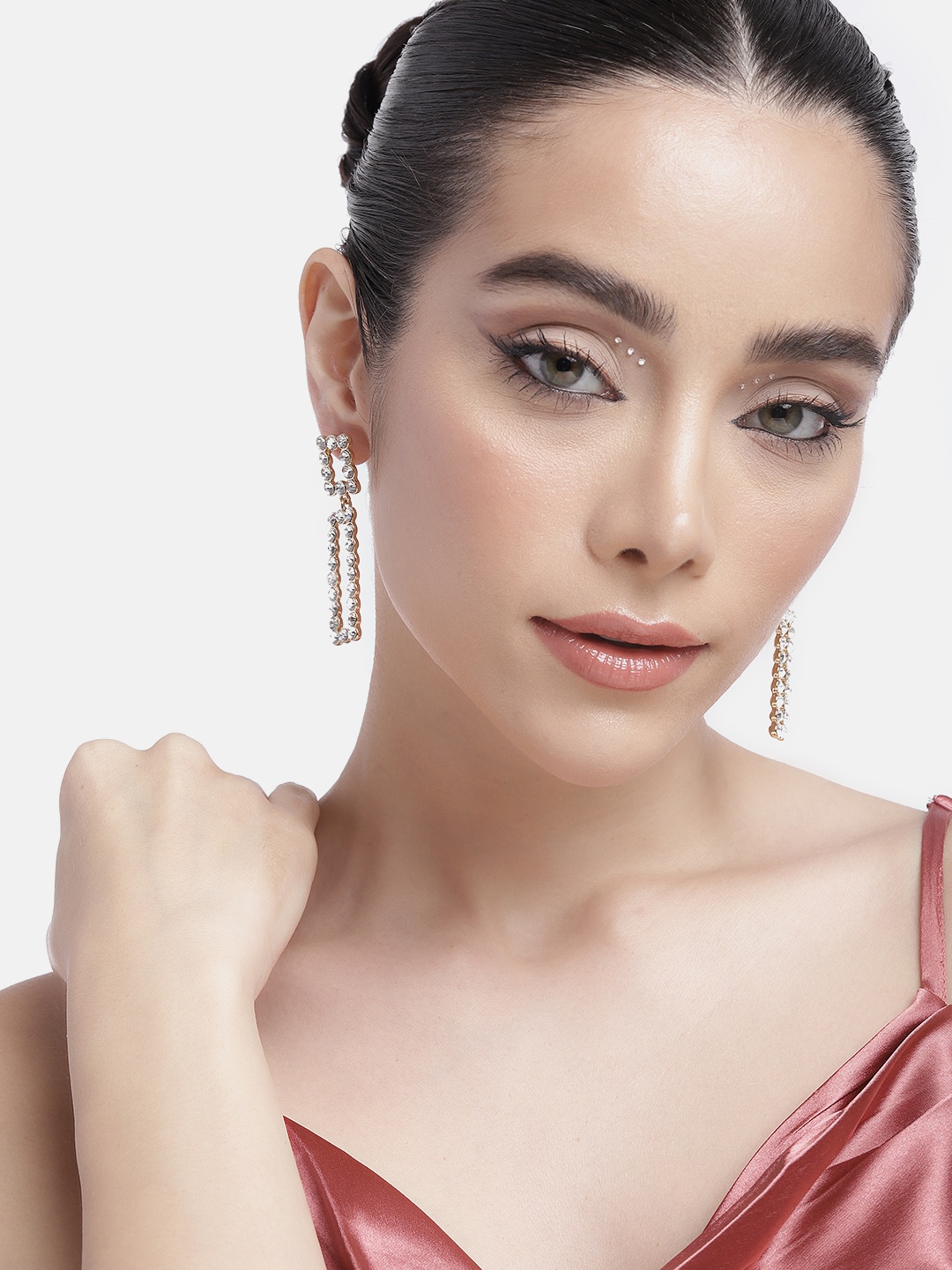 

DressBerry Rectangular Shaped Artificial Stones Studded Drop Earrings, Gold
