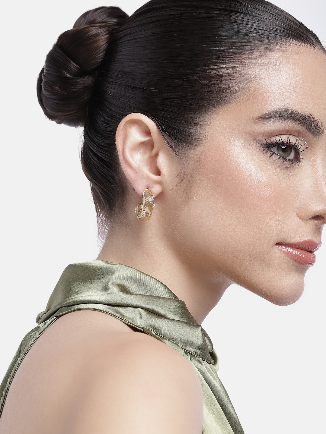 

DressBerry Crescent Shaped Artificial Stones Studded Half Hoop Earrings, Gold