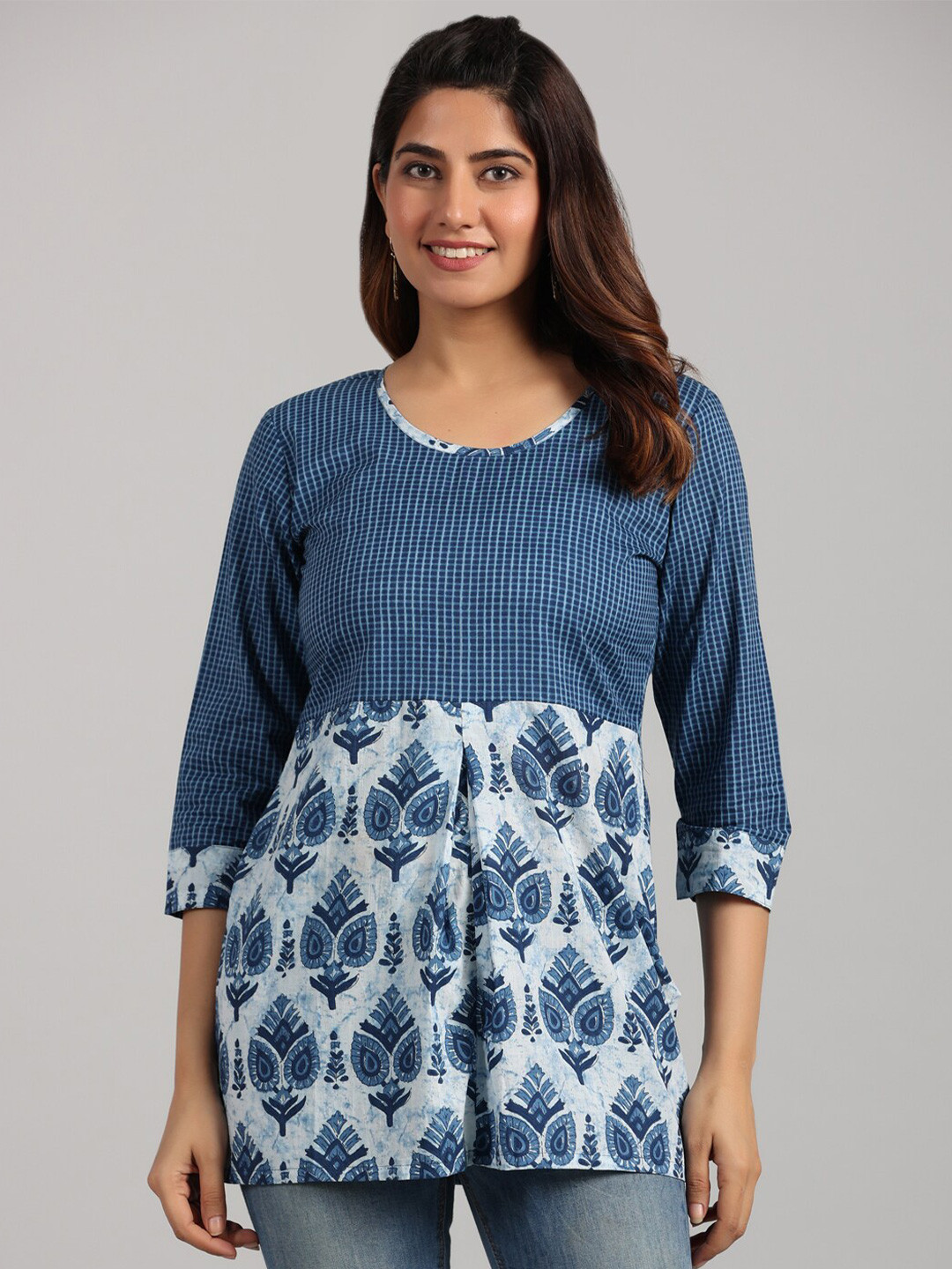 

PARCHHAI Ethnic Printed Indigo Longline Pure Cotton Casual Top, Blue