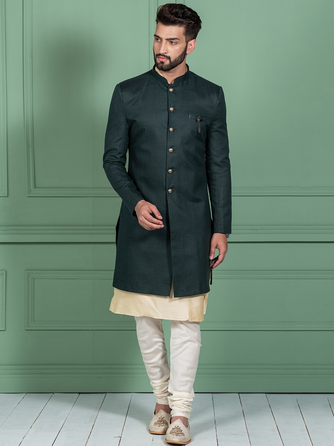 

KISAH Men Mandarin Collar Cotton Kurta With Indowestern Sherwani & Churidar Set, Green