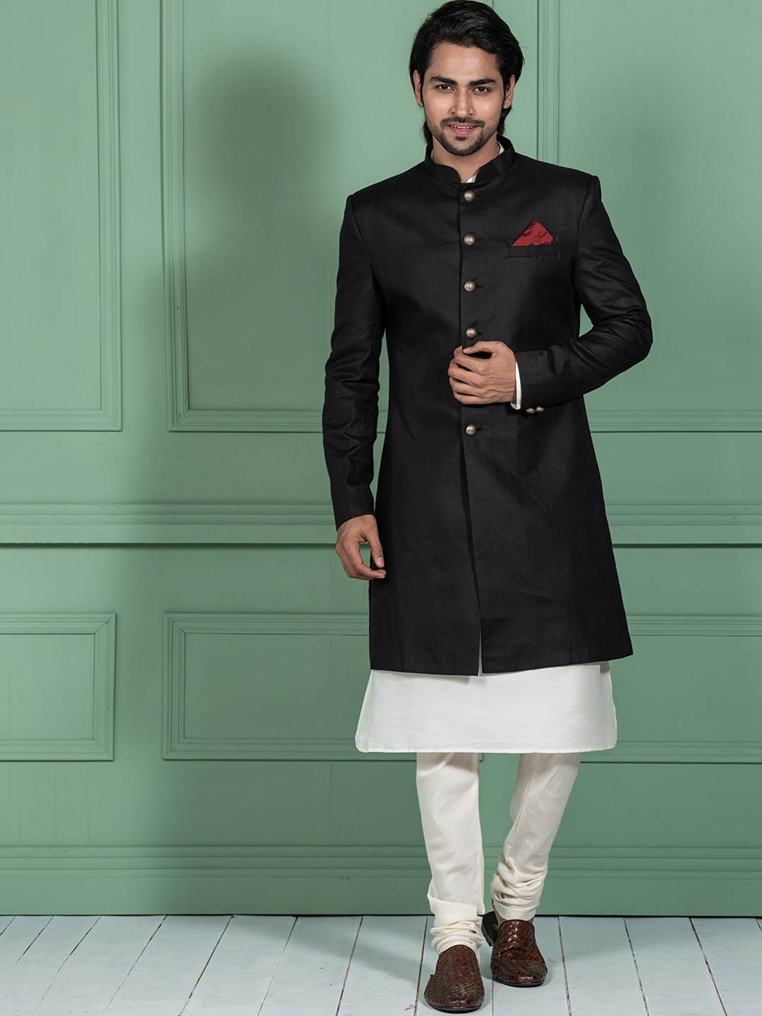 

KISAH Men Ethnic Cotton Kurta Indowestern Sherwani Set, Off white