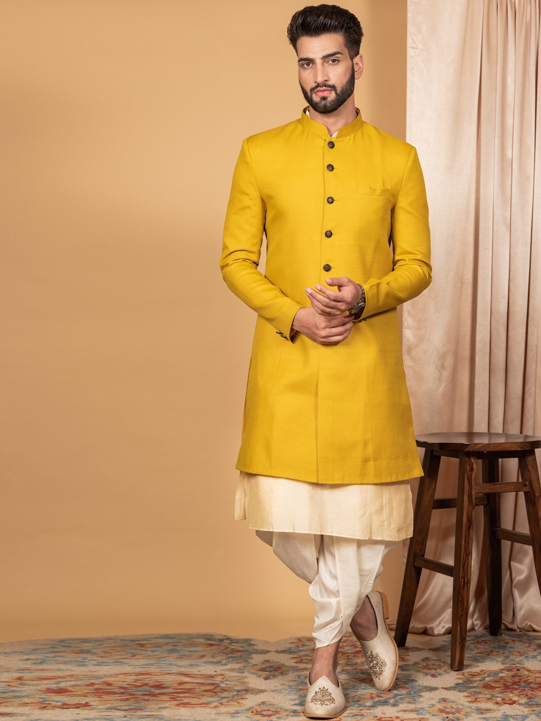 

KISAH Men Mandarin Collar Cotton Kurta With Indo-western Sherwani Churidar Set, Mustard