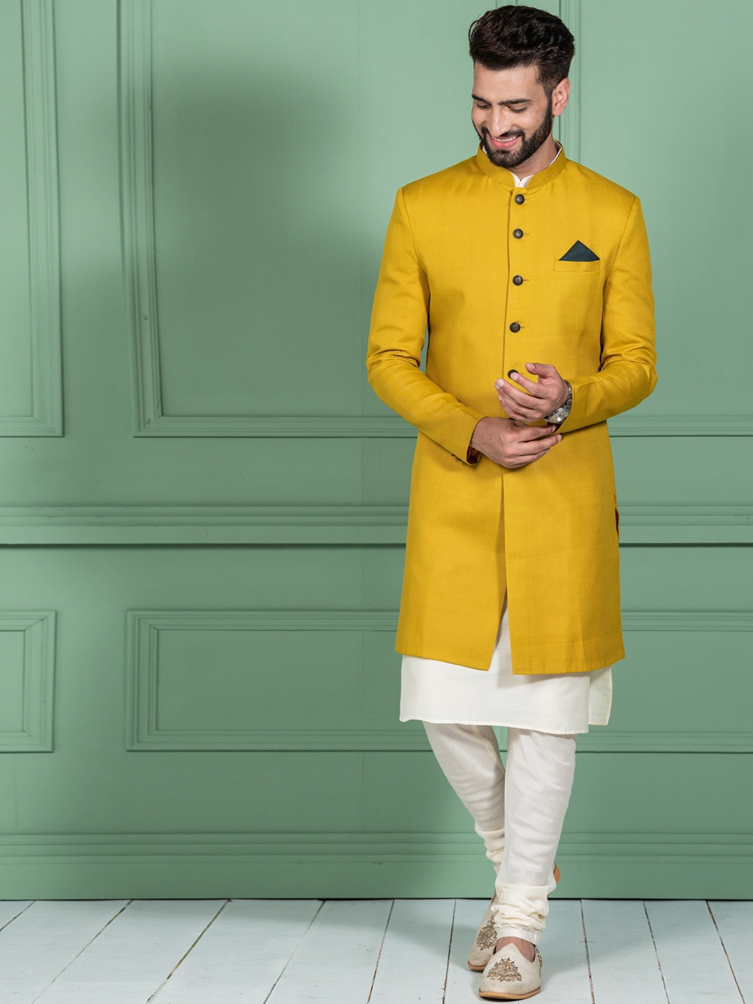 

KISAH Men Mandarin Collar Cotton Kurta With Indowestern Sherwani & Churidar Set, Mustard