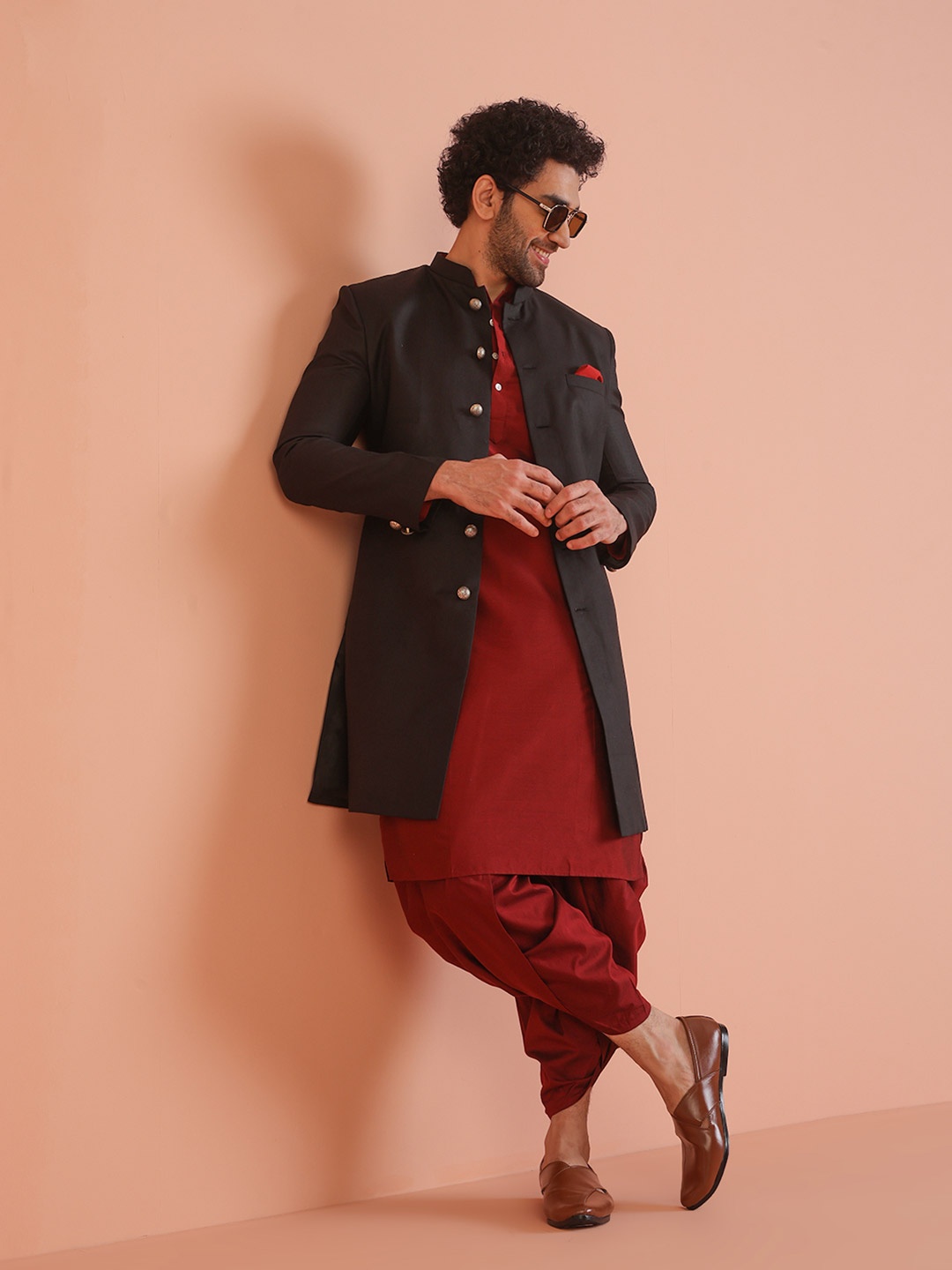 

KISAH Men Mandarin Collar Cotton Kurta With Indo western Sherwani & Dhoti Pant Set, Black