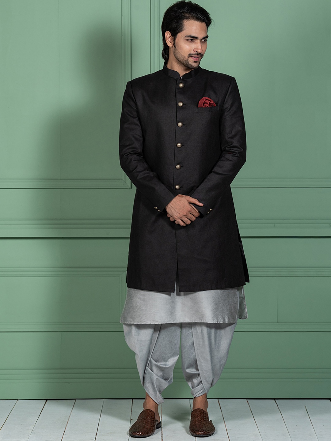 

KISAH Men Cotton Kurta Indowestern Sherwani Set, Black