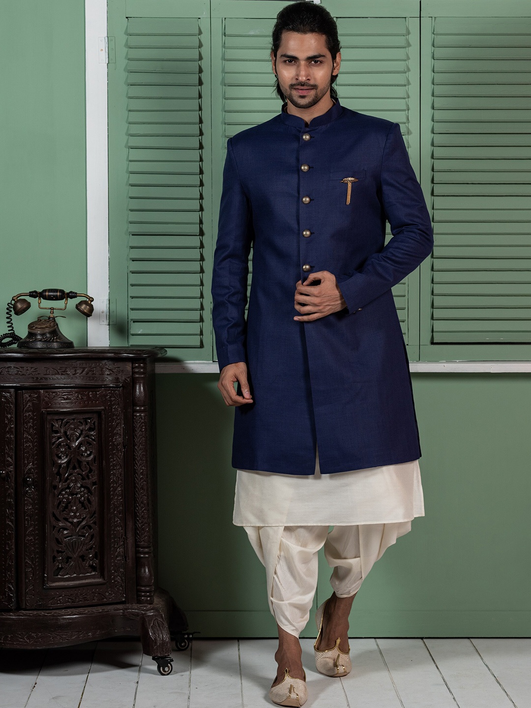 

KISAH Men Mandarin Collar Cotton Kurta & Indowestern Sherwant with Dhoti Pants Set, Navy blue