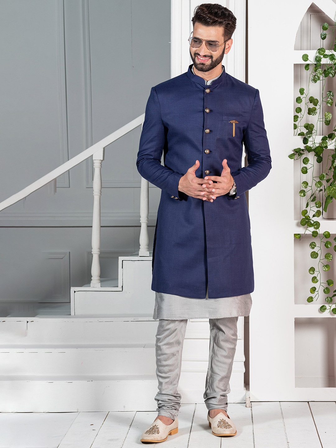 

KISAH Men Mandarin Collar Cotton Kurta With Indowestern Sherwani & Churidar Set, Navy blue