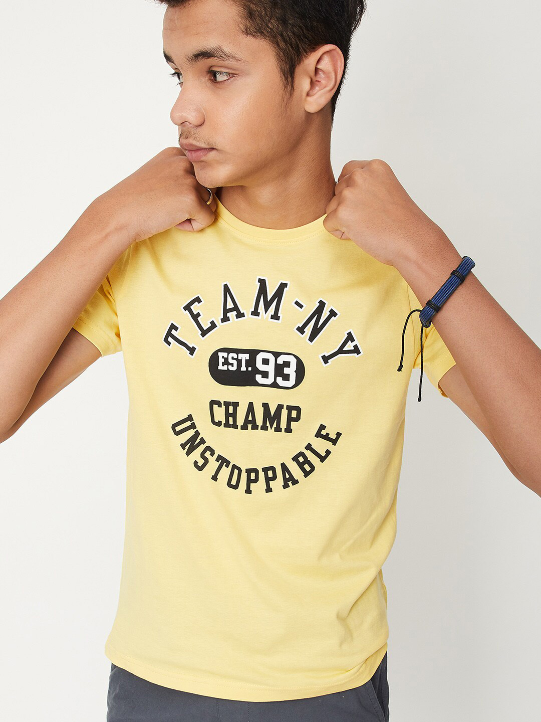 

max Boys Typography Printed Pure Cotton T-shirt, Yellow