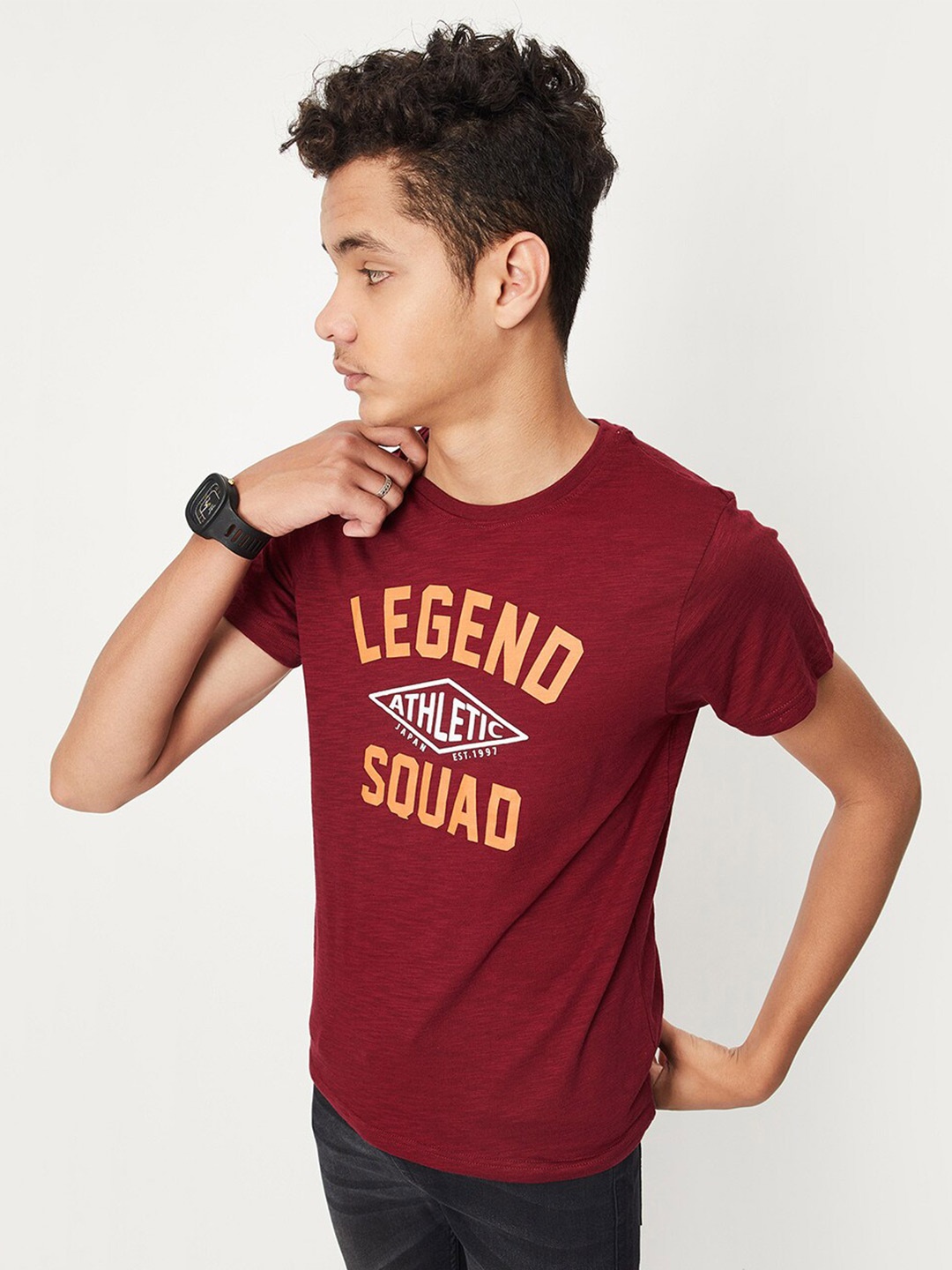 

max Boys Typography Printed Pure Cotton T-shirt, Burgundy