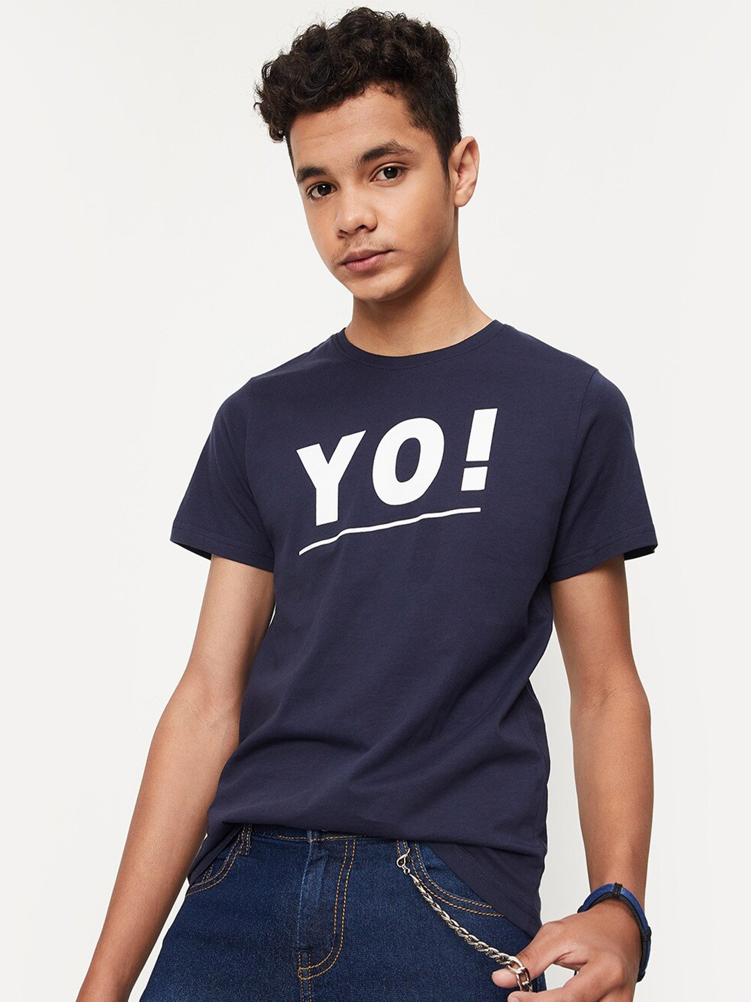 

max Boys Typography Printed Pure Cotton T-Shirt, Navy blue