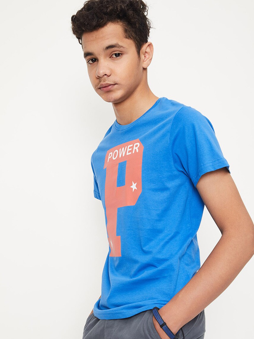 

max Boys Typography Printed Round Neck Pure Cotton T-shirt, Blue